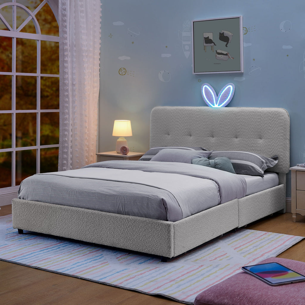 Upholstered Bed With Oversized Rabbit Ear Headboard, LED Lights & 4 Storage Drawers
