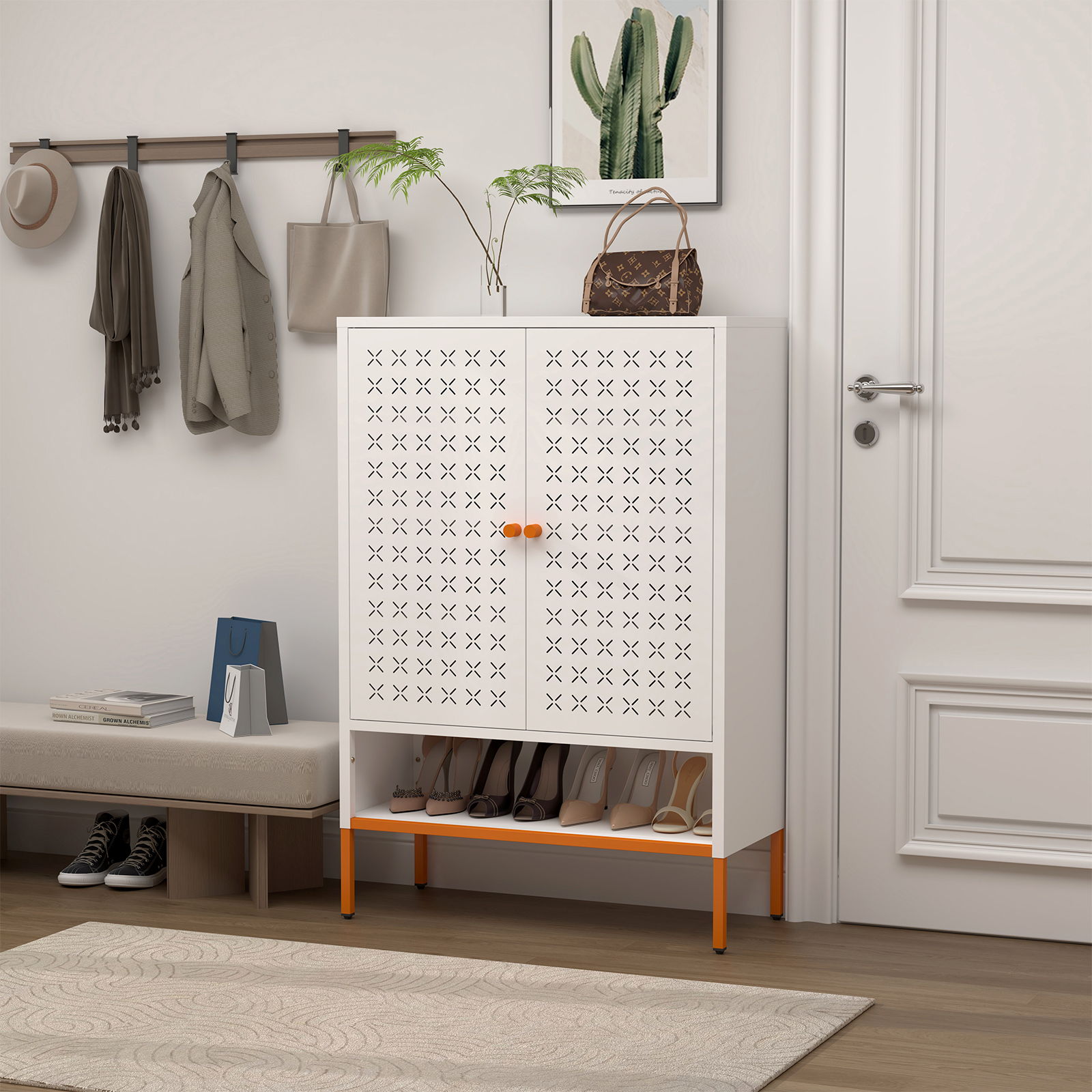 Grid Double Door Shoe Cabinet With Adjustable Compartments and Moisture-Proof Design