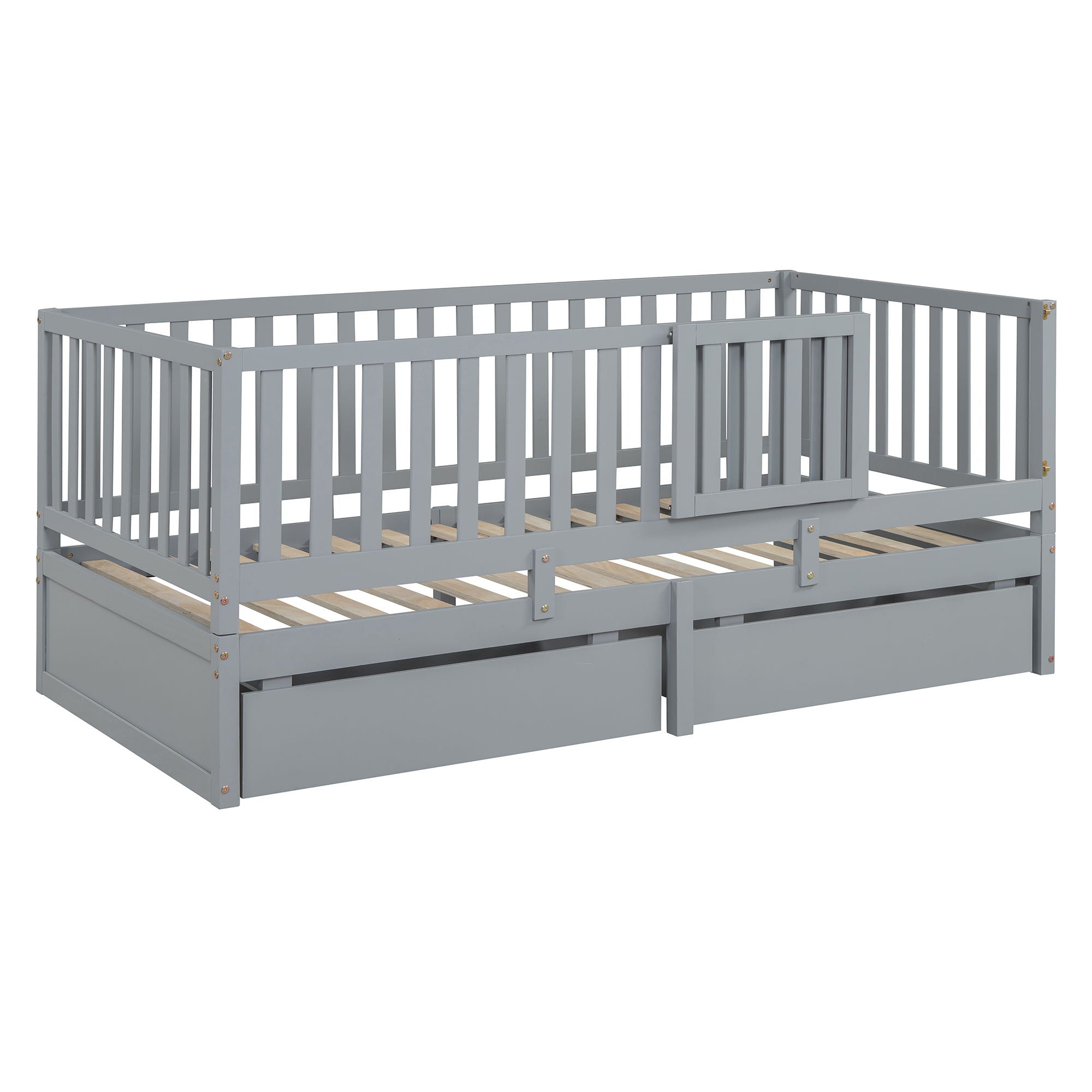 Daybed With Fence Guardrails And 2 Drawers, Split Into Independent Floor Bed & Daybed