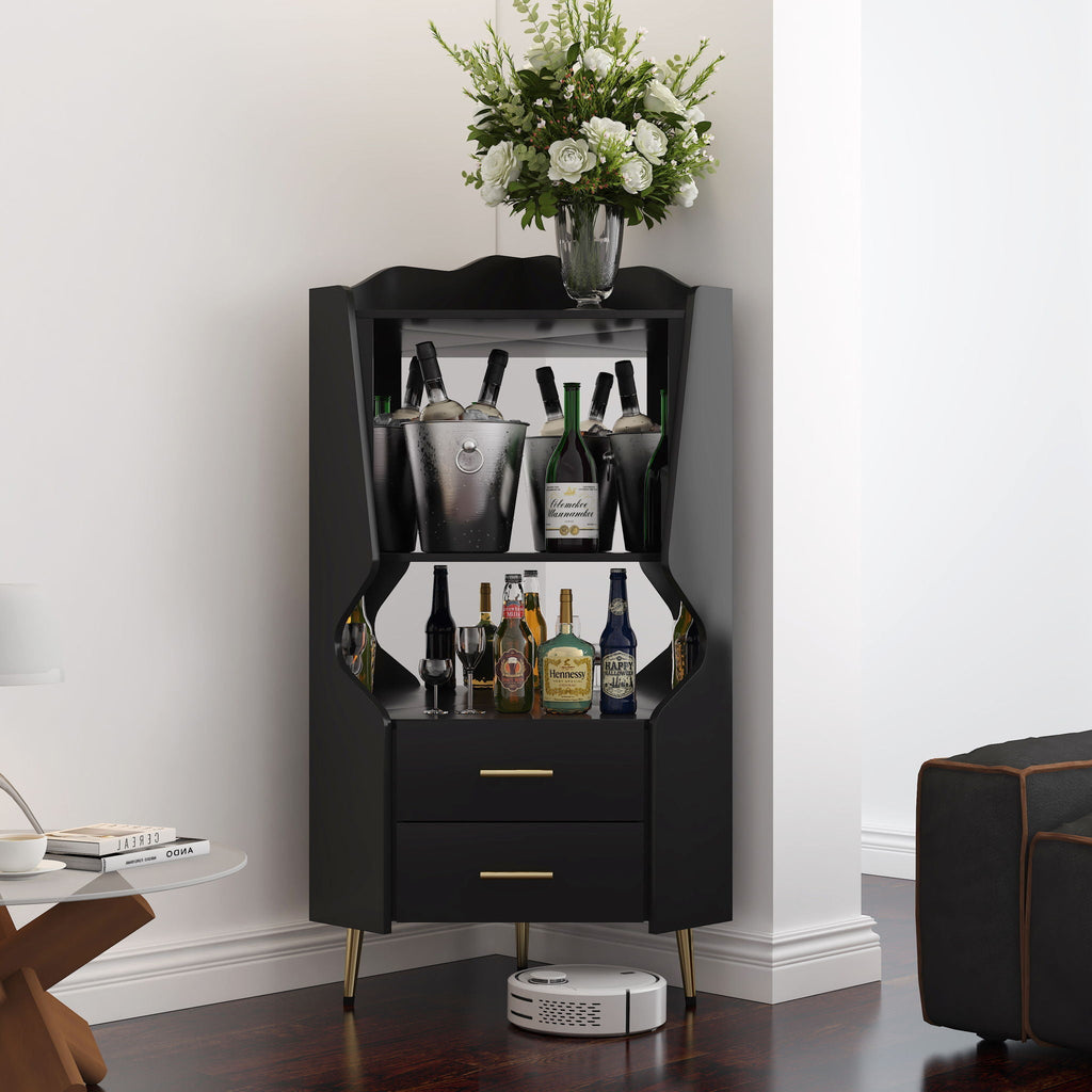 Corner Bar Cabinet With Mirrored Back, 2 Open Shelves & 2 Drawers