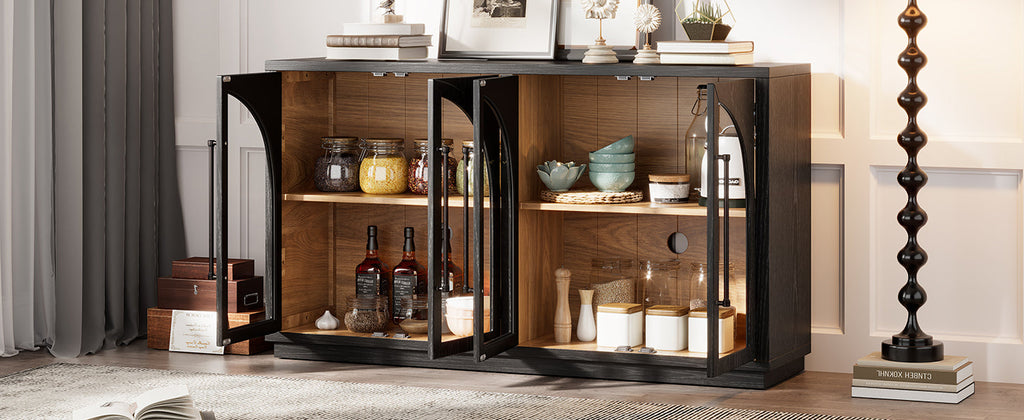 4-Door Large Storage Sideboard Buffet Cabinet with Glass Doors Arched Cabinet (Black)