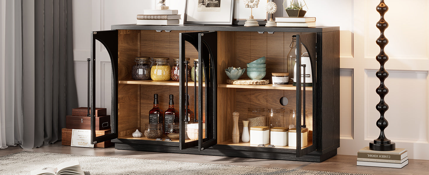 4-Door Large Storage Sideboard Buffet Cabinet with Glass Doors Arched Cabinet (Black)