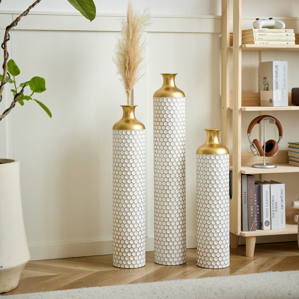 3-Piece Modern Metal Vase Set - White & Gold