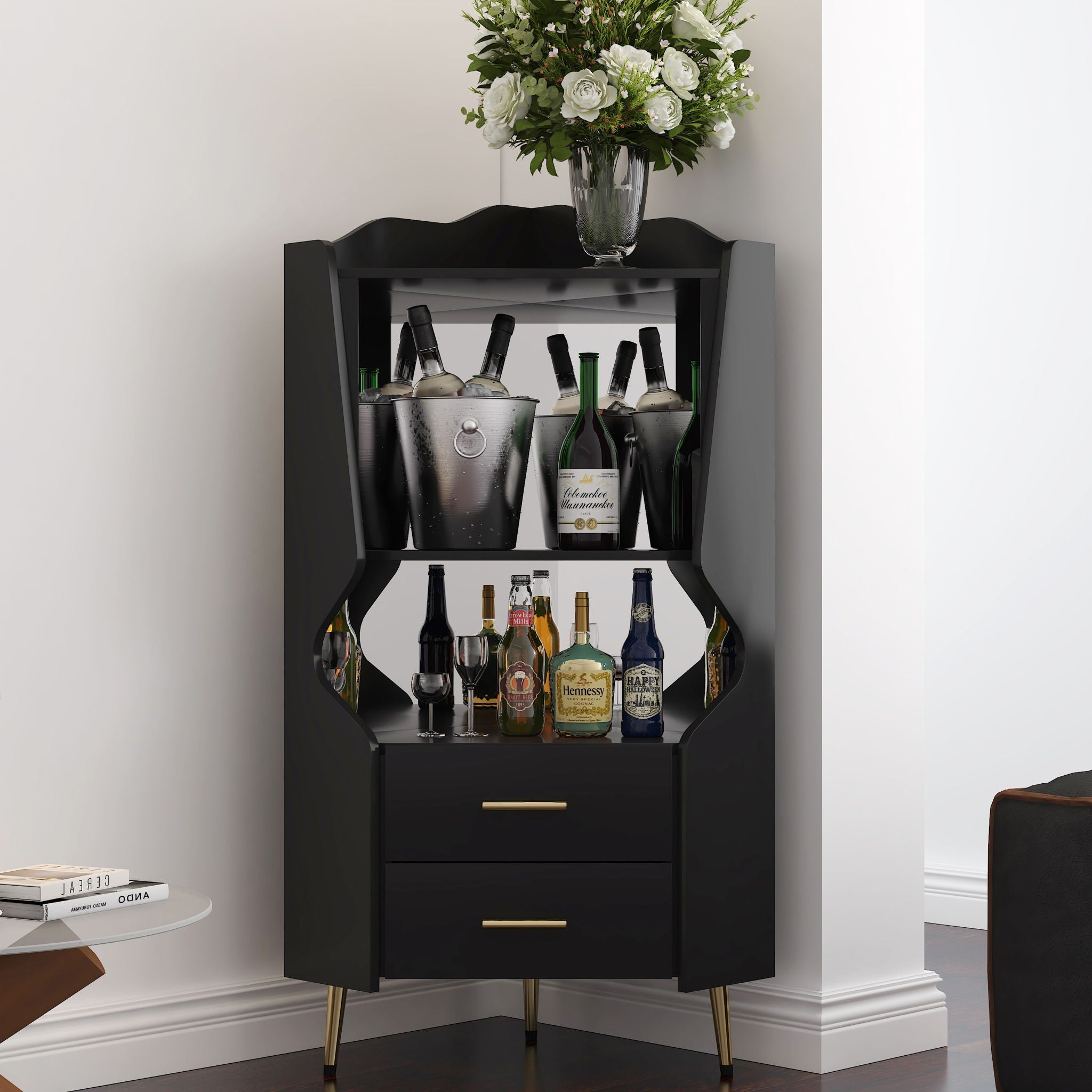 Corner Bar Cabinet With Mirrored Back, 2 Open Shelves & 2 Drawers