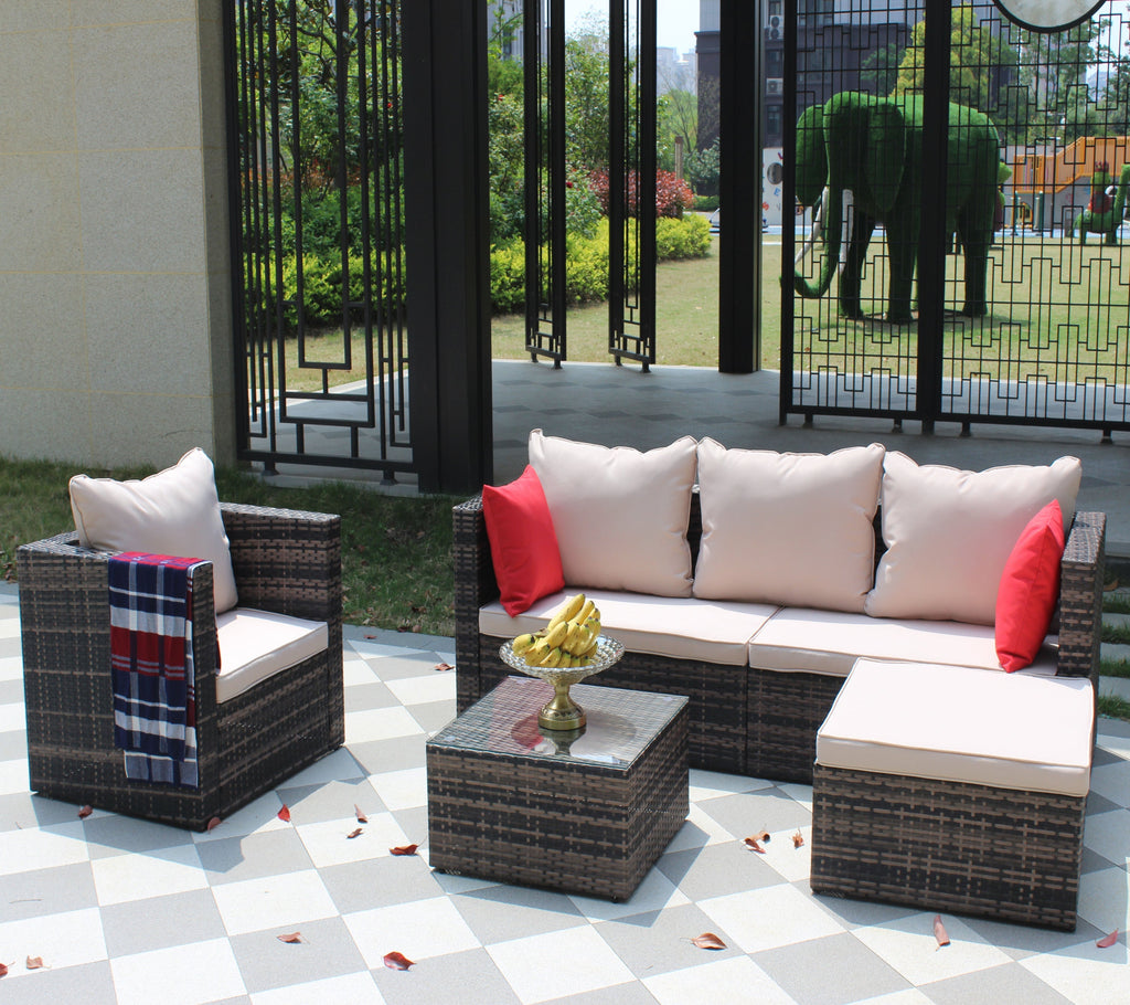 Rattan Patio Furniture Set Wicker Sofa Cushioned Sectional (4 Pieces, Brown)