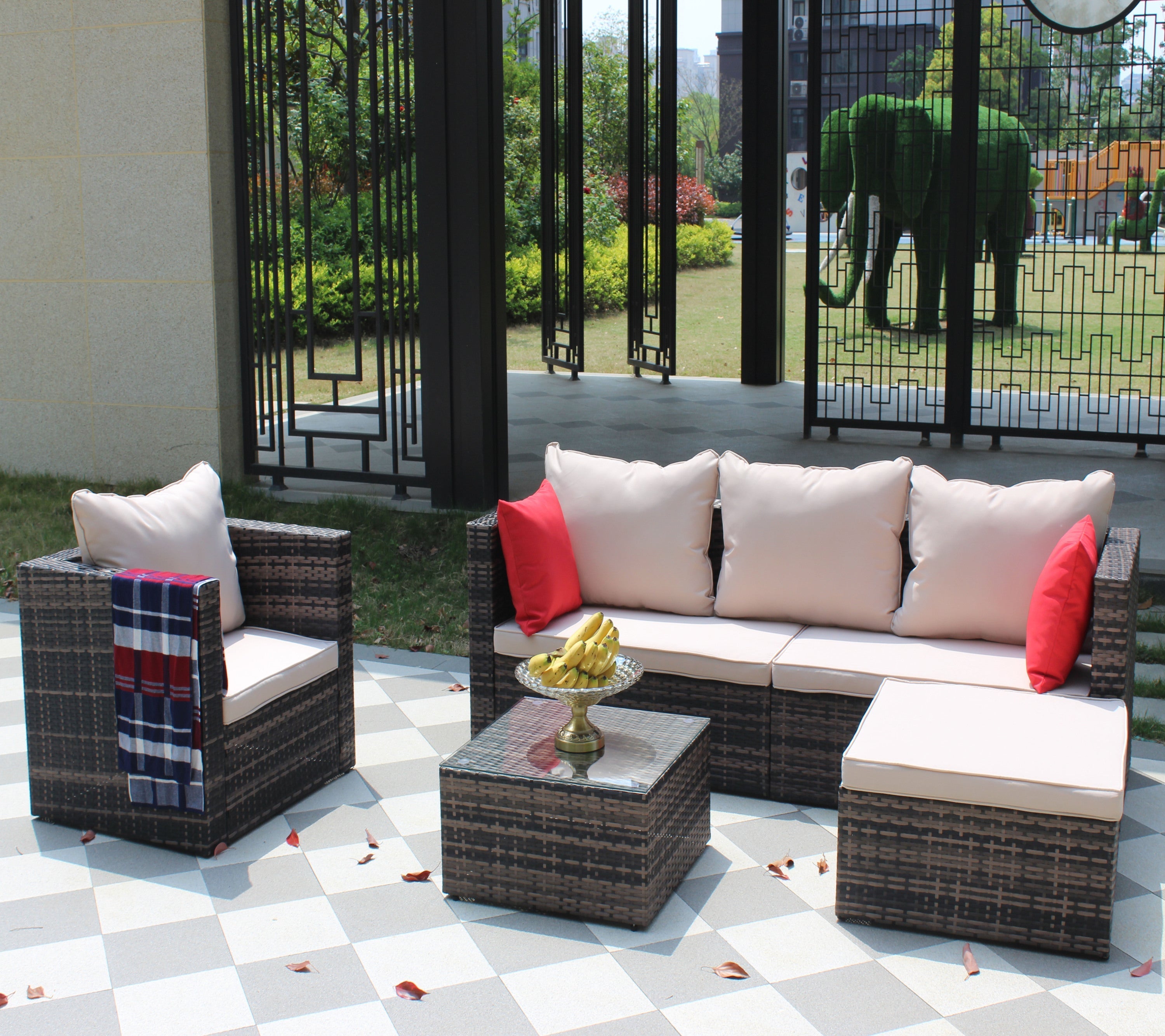 Rattan Patio Furniture Set Wicker Sofa Cushioned Sectional (4 Pieces, Brown)