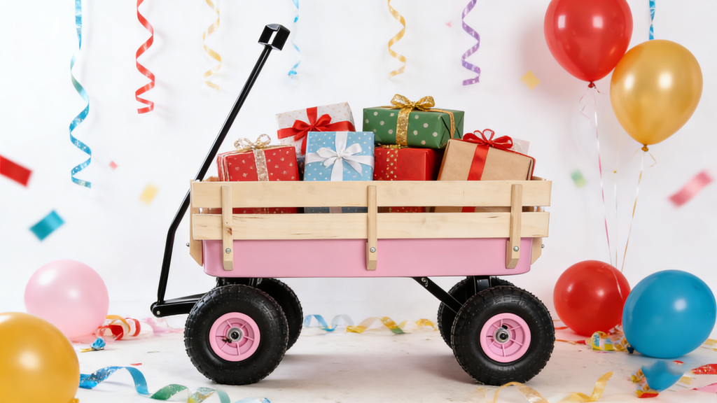 Outdoor All Terrain Garden Wagon with Wooden Railings and Pneumatic Tires