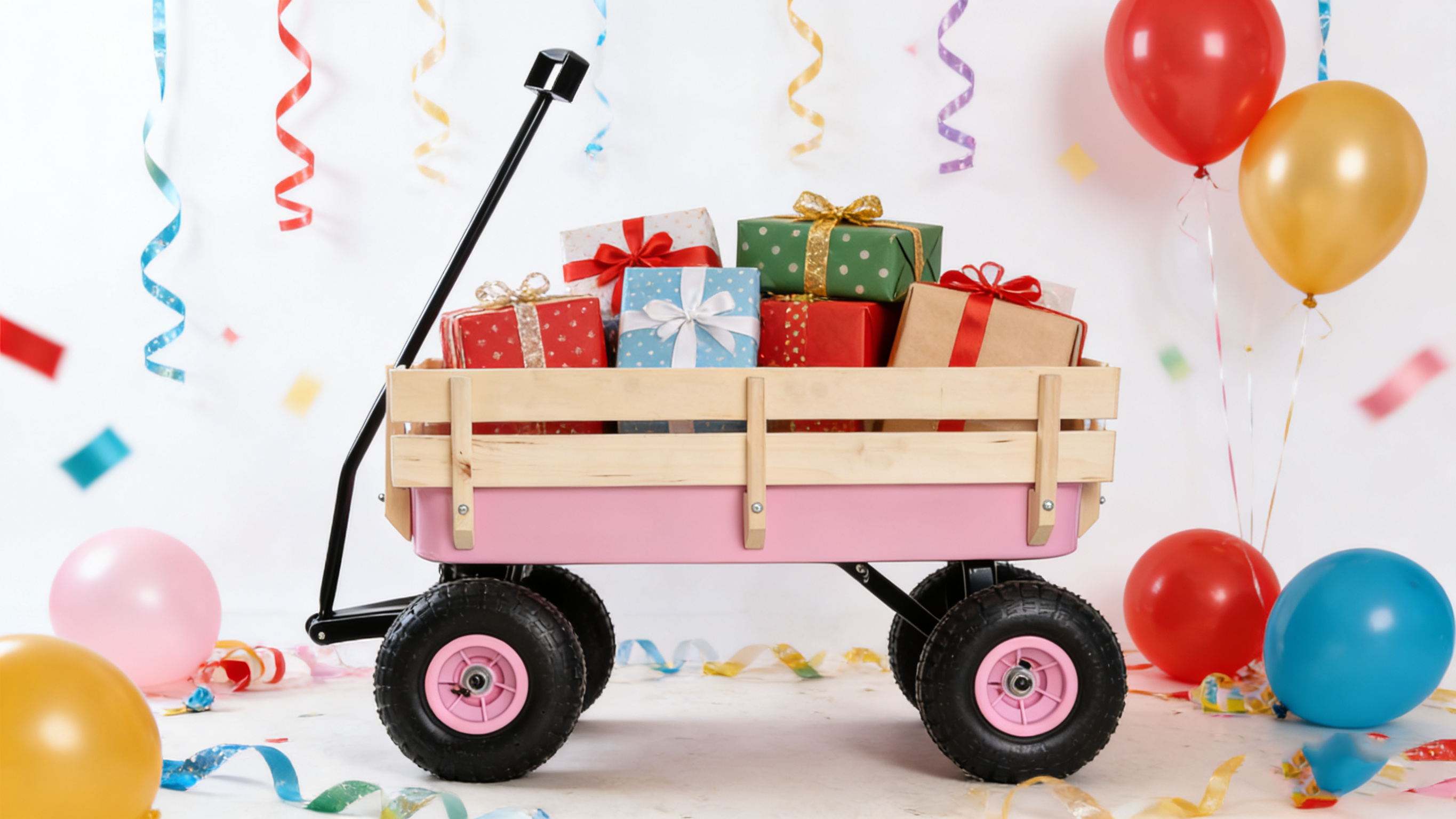 Outdoor All Terrain Garden Wagon with Wooden Railings and Pneumatic Tires