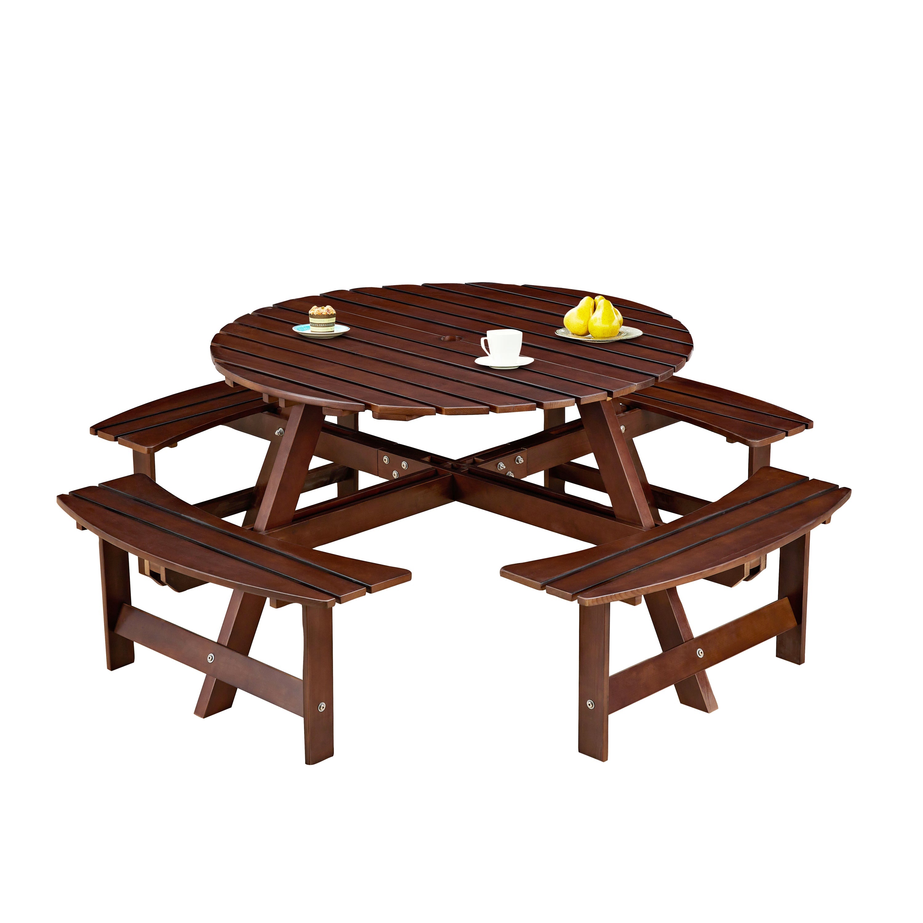 Outdoor 8 Person Round Picnic Table with Built-In Benches