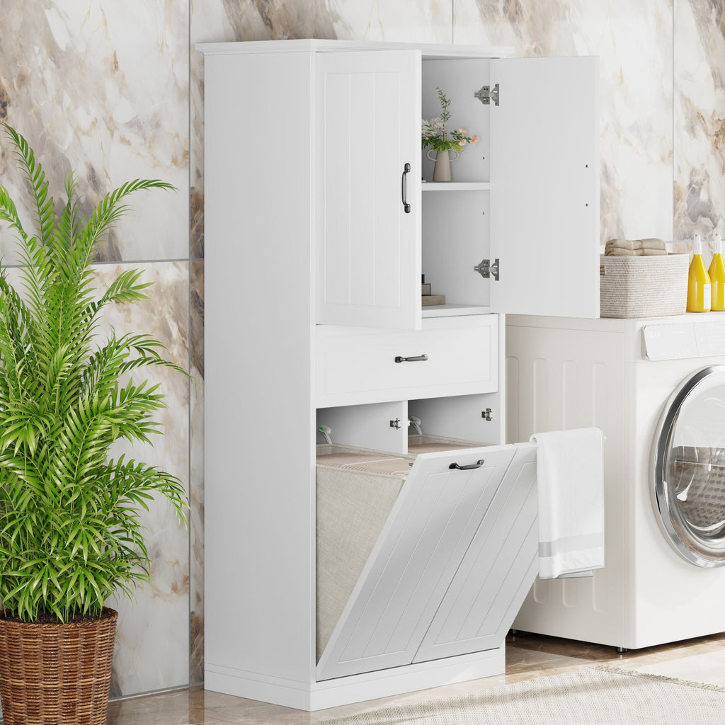 Modern Bathroom Storage Cabinet with Two Laundry Baskets, One Drawer, Adjustable Shelf