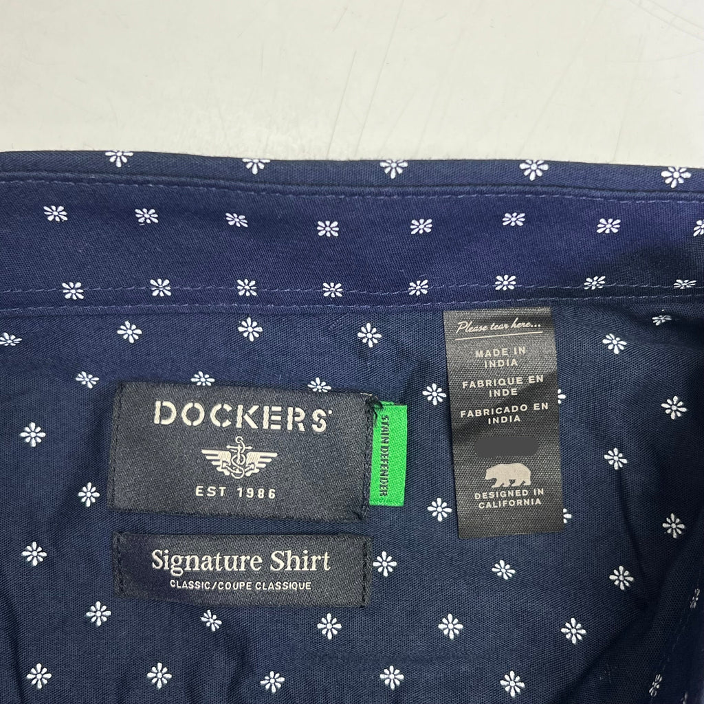 DOCKERS Stain Defender Button Up Shirt Daisy Pattern Men's Sz XXL Navy Blue