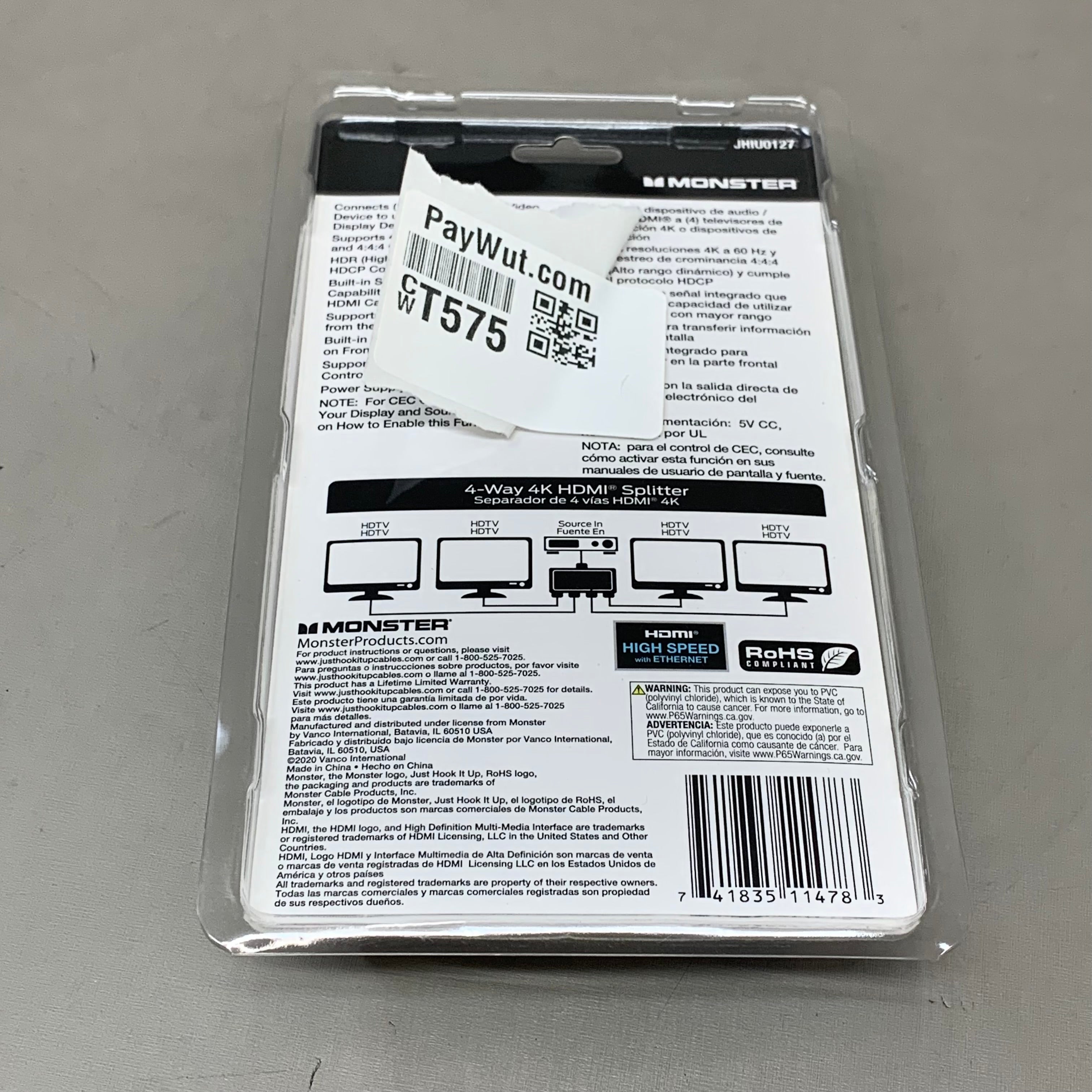MONSTER 4K 4-Way HDMI Splitter 3"x3"Black JHIU0127
