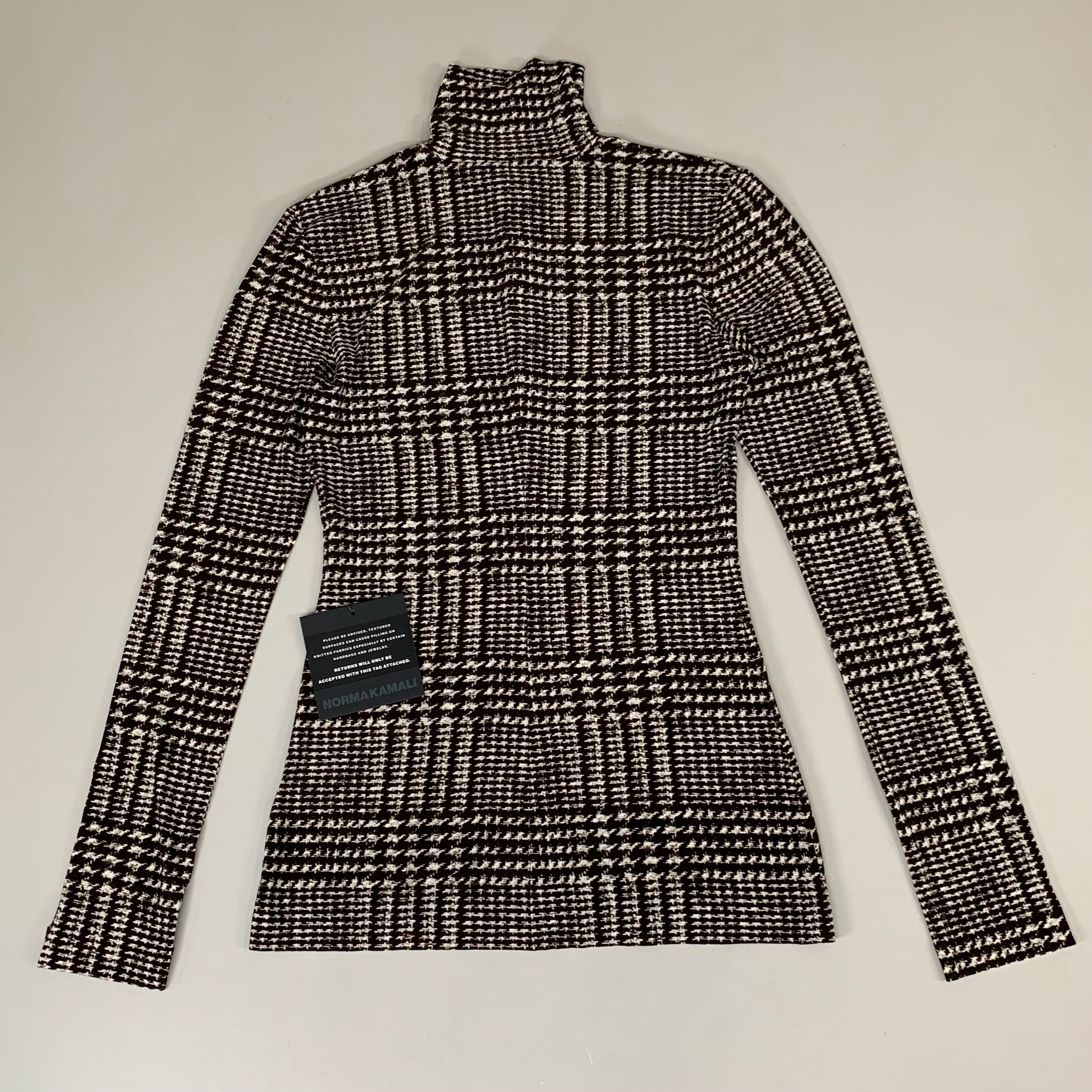 NORMA KAMALI Front Zip Slim Fit Turtle Top Women's Sz S/36 Chocolate Plaid Tweed