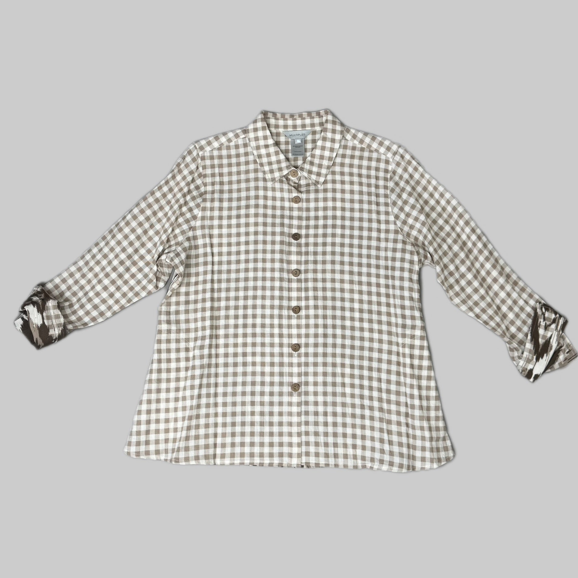 MULTIPLES Button-Up Plaid Shirt w/Cuff Petite Women's Sz PM Brown/Cream M44506BP