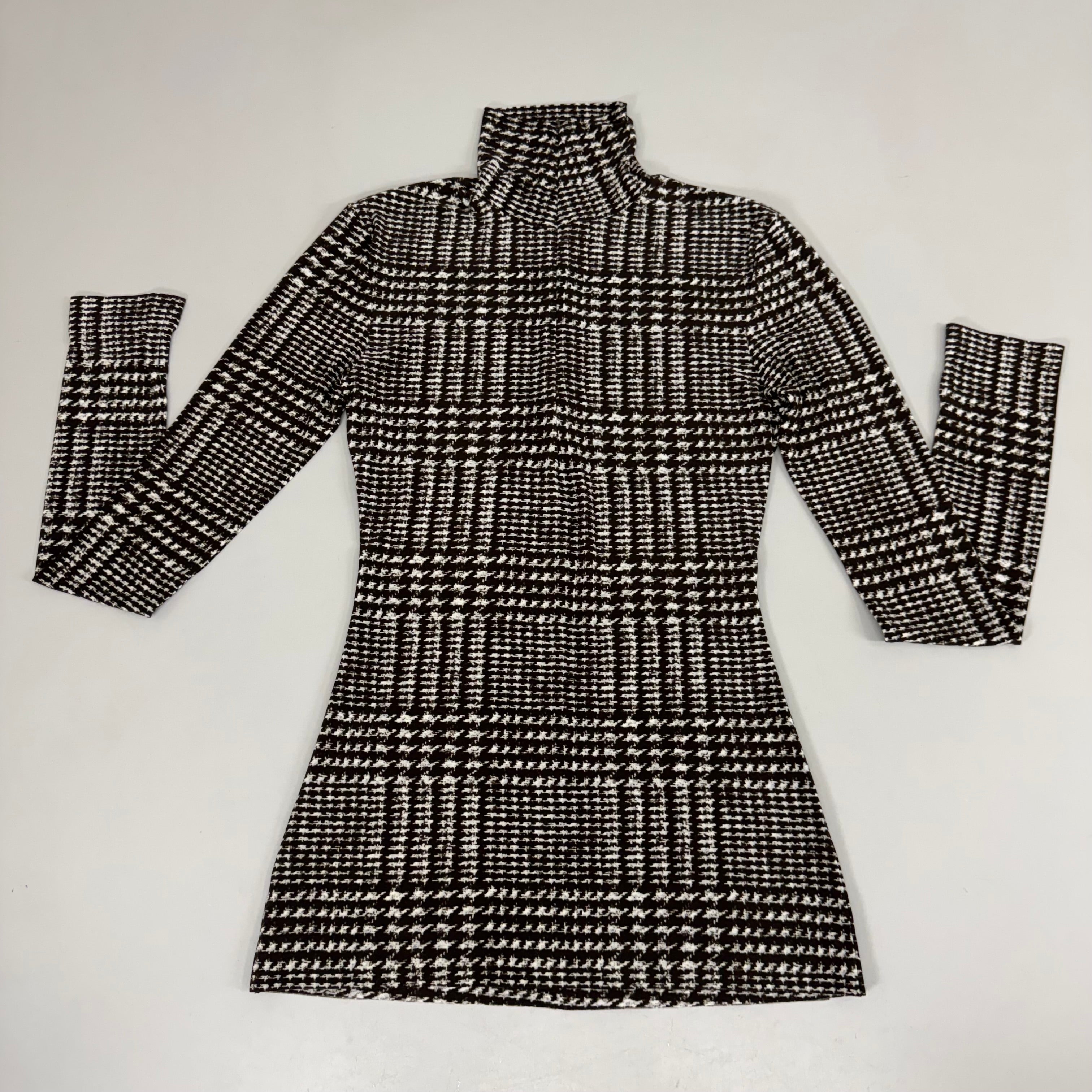 NORMA KAMALI Front Zip Slim Fit Turtle Top Women's Sz XS/34 Chocolate Plaid Tweed
