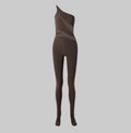 NORMA KAMALI One Shoulder Snake Mesh Catsuit Footsie Women's Sz M/38 Chocolate