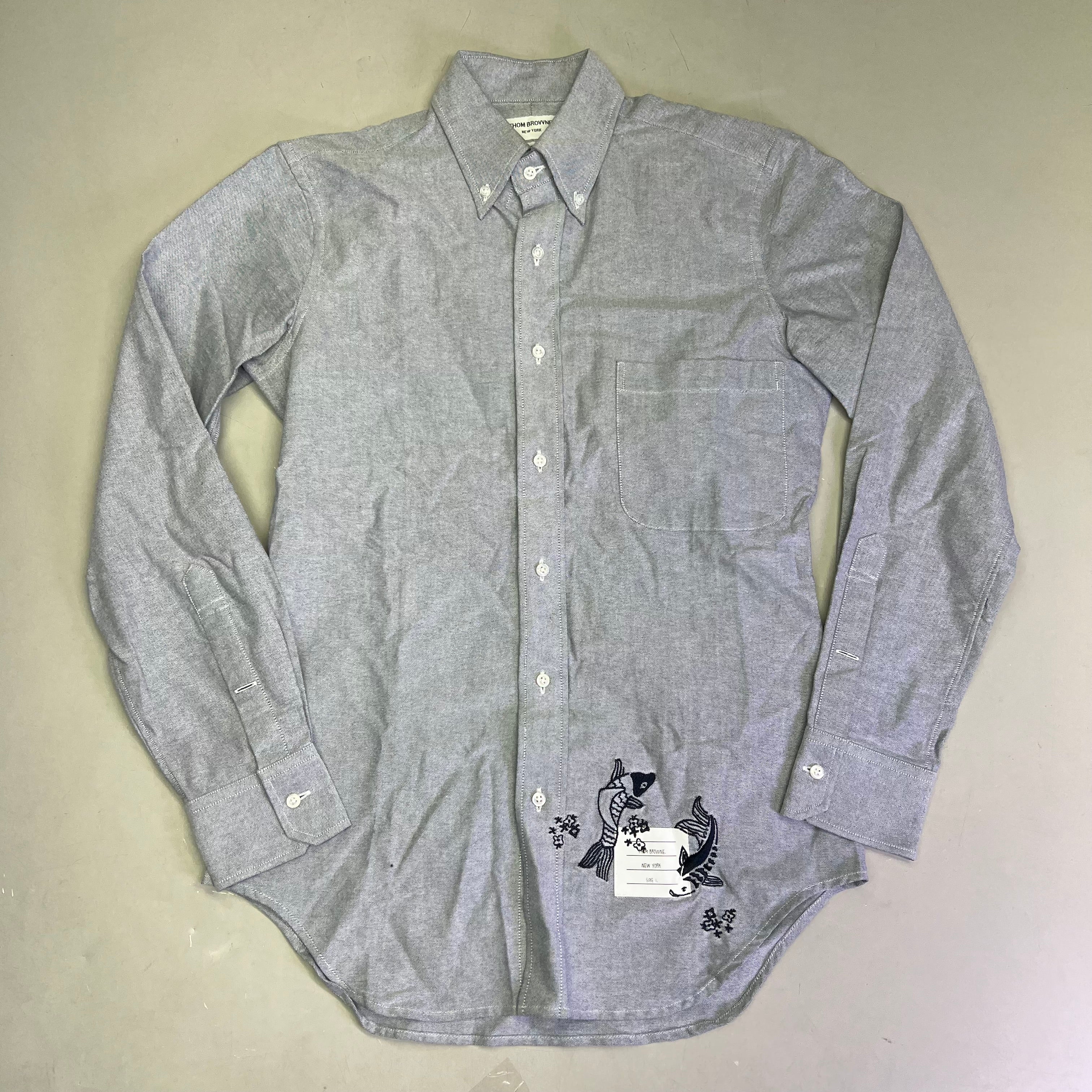 THOM BROWNE Embroidered Koi Fish Button Up Shirt Designer Sz 1  Blue (Pre-Owned)