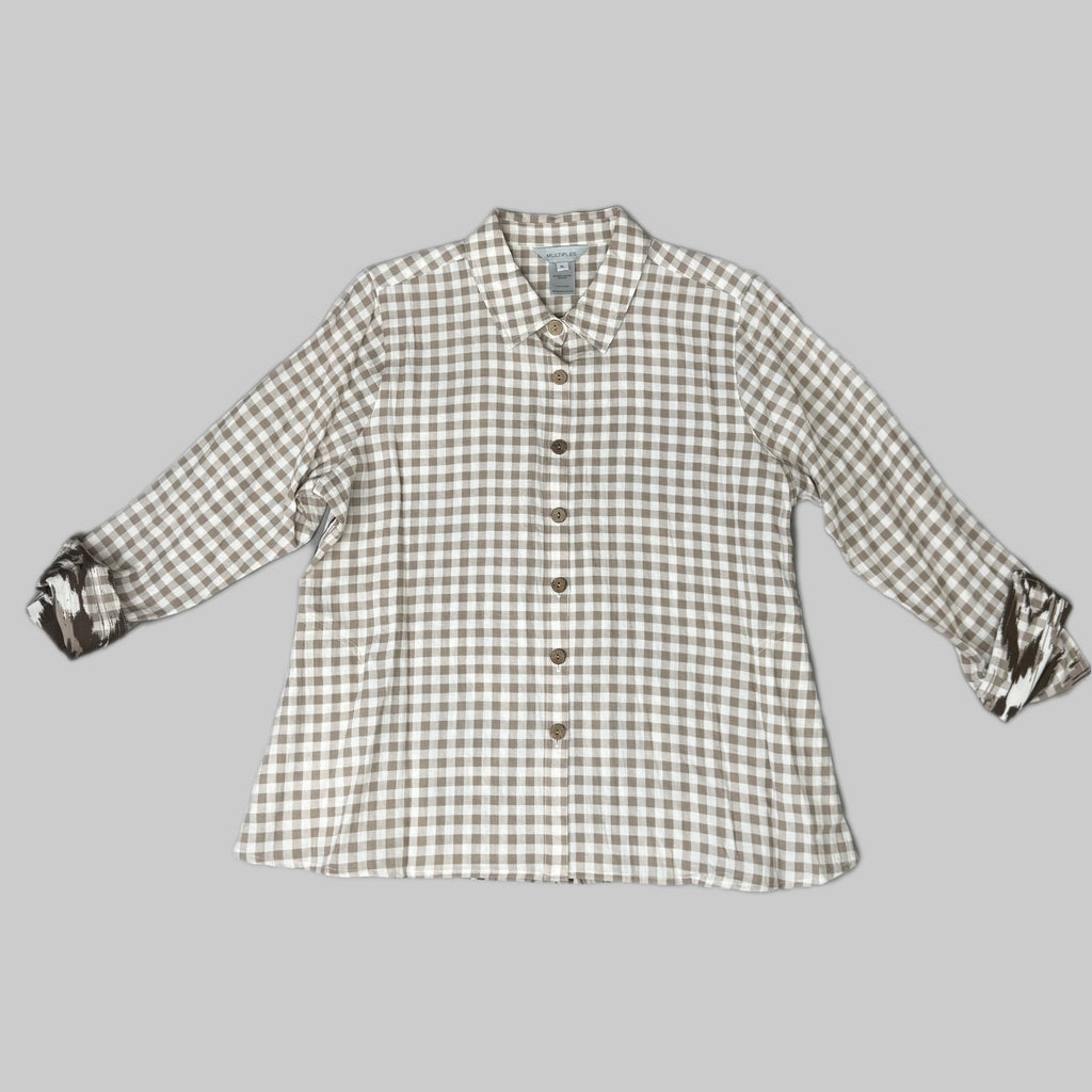 MULTIPLES Button-Up Plaid Shirt w/Cuff Petite Women's Sz PL Brown/Cream M44506BP