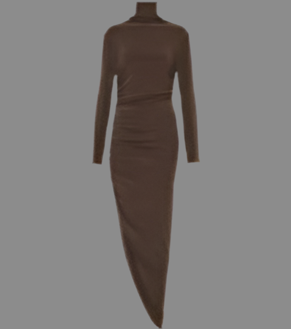 NORMA KAMALI Turtle Neck Ruched Side Drape Gown Unlined Women's XL/42 Chocolate