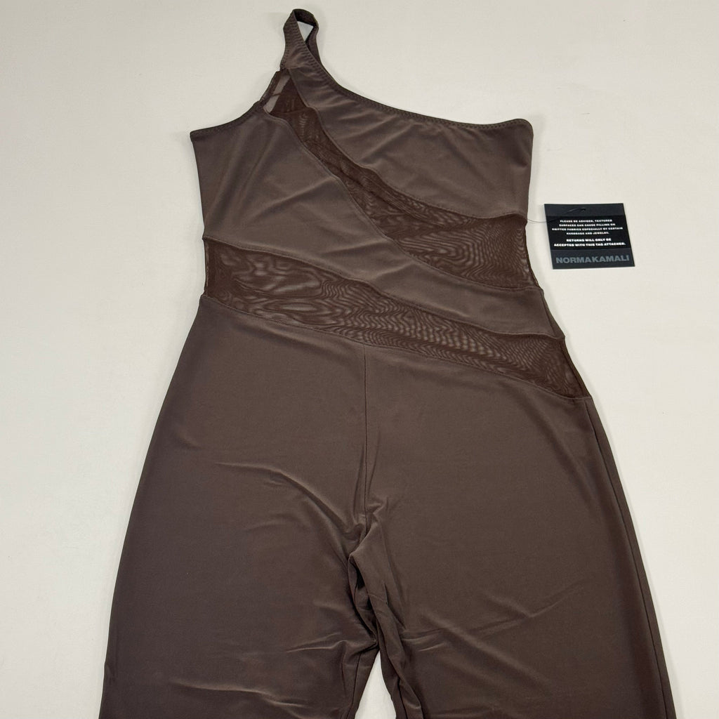 NORMA KAMALI One Shoulder Snake Mesh Catsuit Footsie Women's Sz L/40 Chocolate
