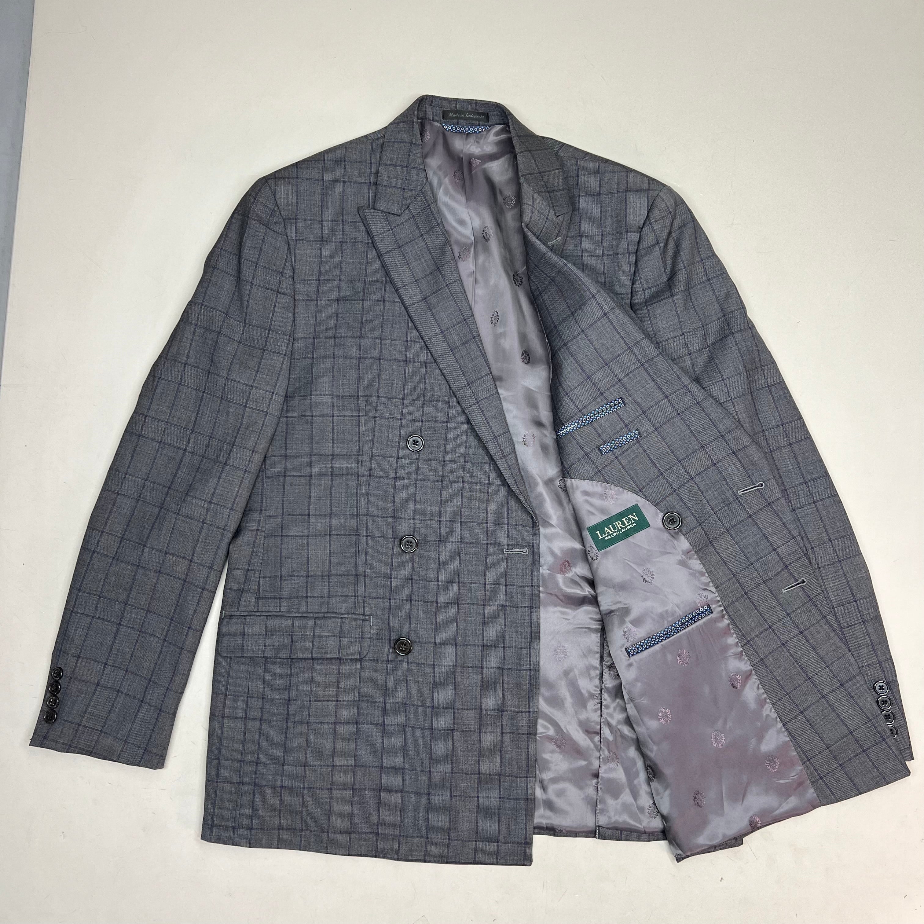 RALPH LAUREN  70% Wool Hand Tailored Suit Set Men's Sz 42 L Grey Purple Plaid (Pre-Owned)