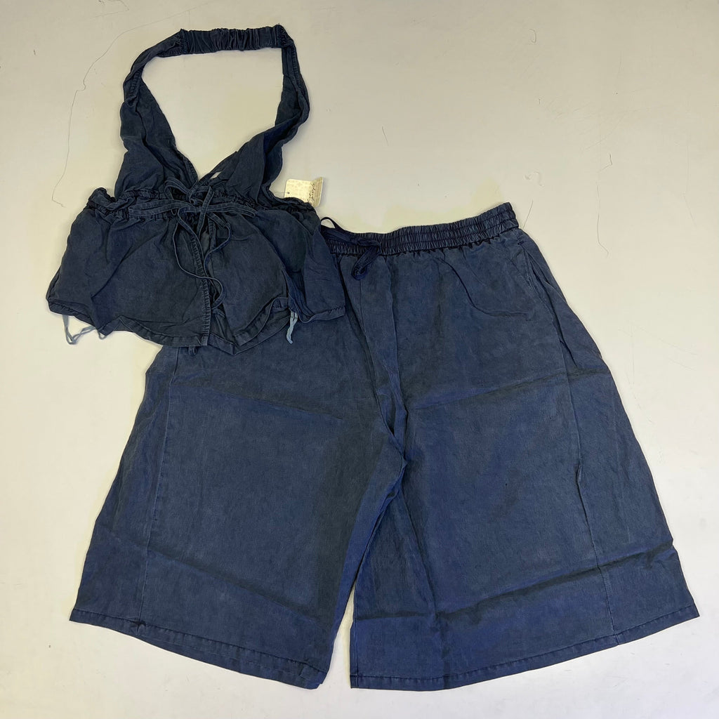 FREE PEOPLE Sidra Set Halter Top & Knee Shorts Women's Sz S India Ink 98363328