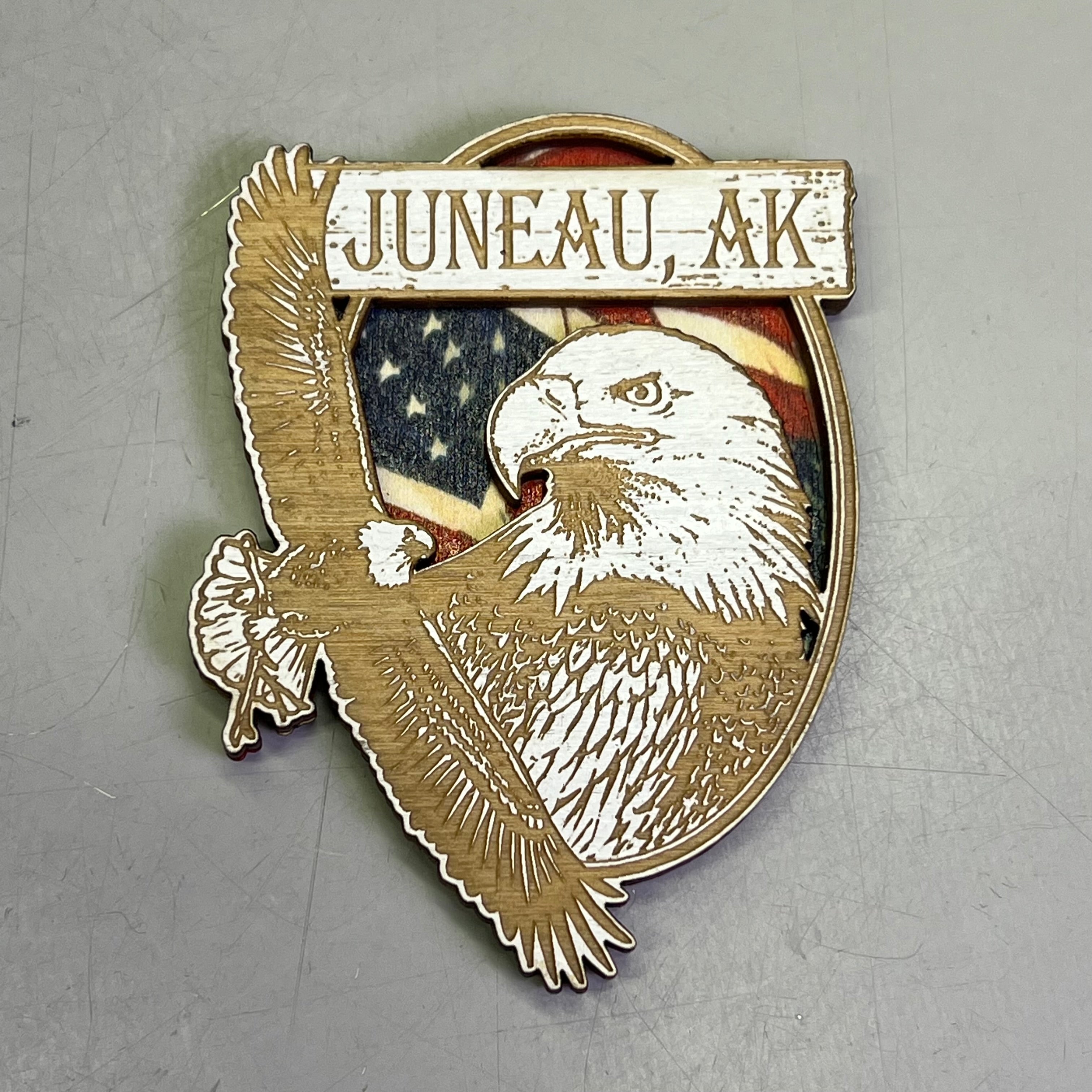 (2 PACK) American Eagle w/ Flag Lasered Wood Magnet Souvenir From JUNEAU, AK