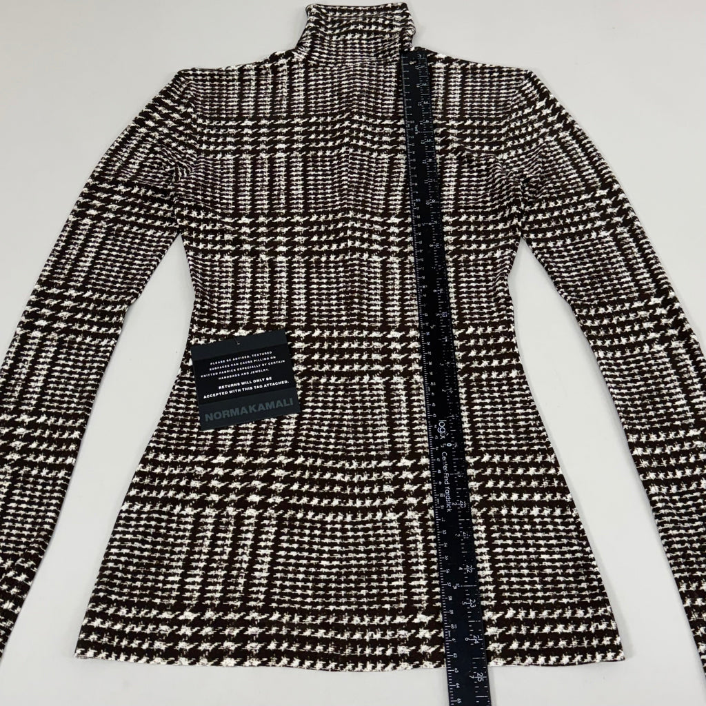 NORMA KAMALI Front Zip Slim Fit Turtle Top Women's Sz XXS/32 Chocolate Plaid Tweed