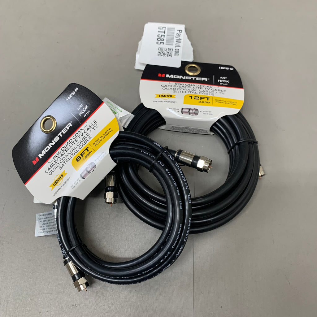 MONSTER (2Pack) RG6 Quad Coax Satellite Tv Cables 6ft, 12ft Black 140036-00,140030-00
