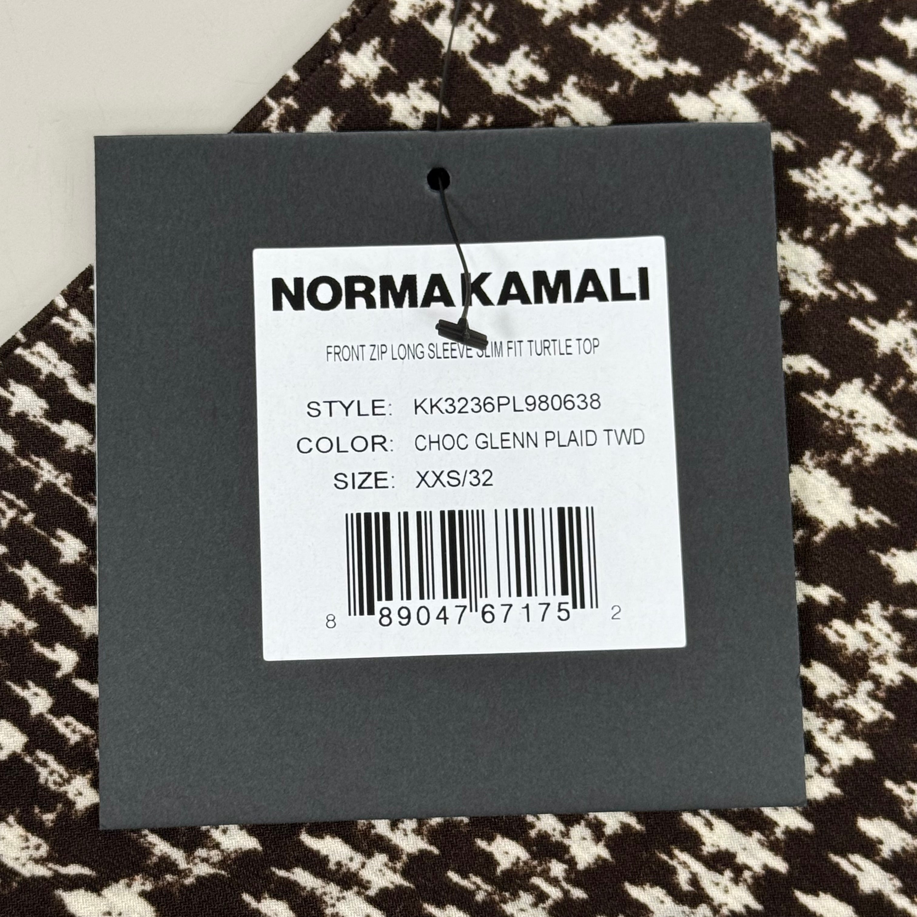 NORMA KAMALI Front Zip Slim Fit Turtle Top Women's Sz XXS/32 Chocolate Plaid Tweed
