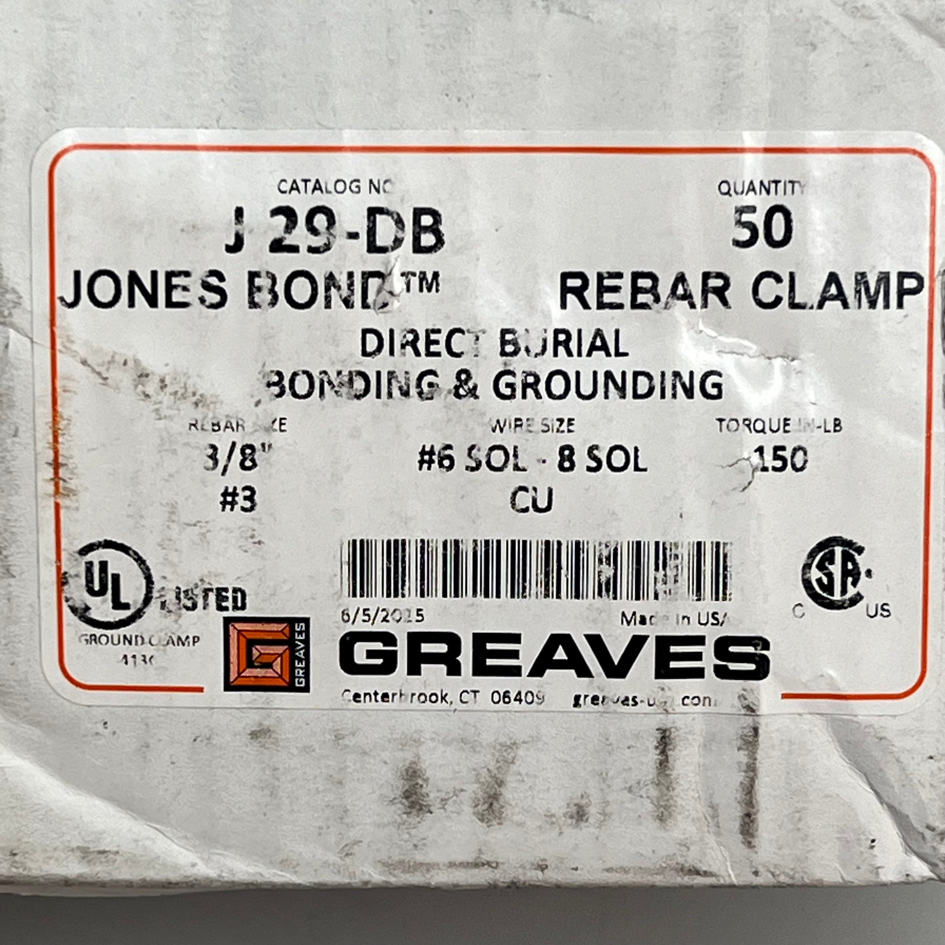 GREAVES (5 PACK) Jones Direct Burial Rebar Clamp Copper Only (#3) 3/8" J29-DB