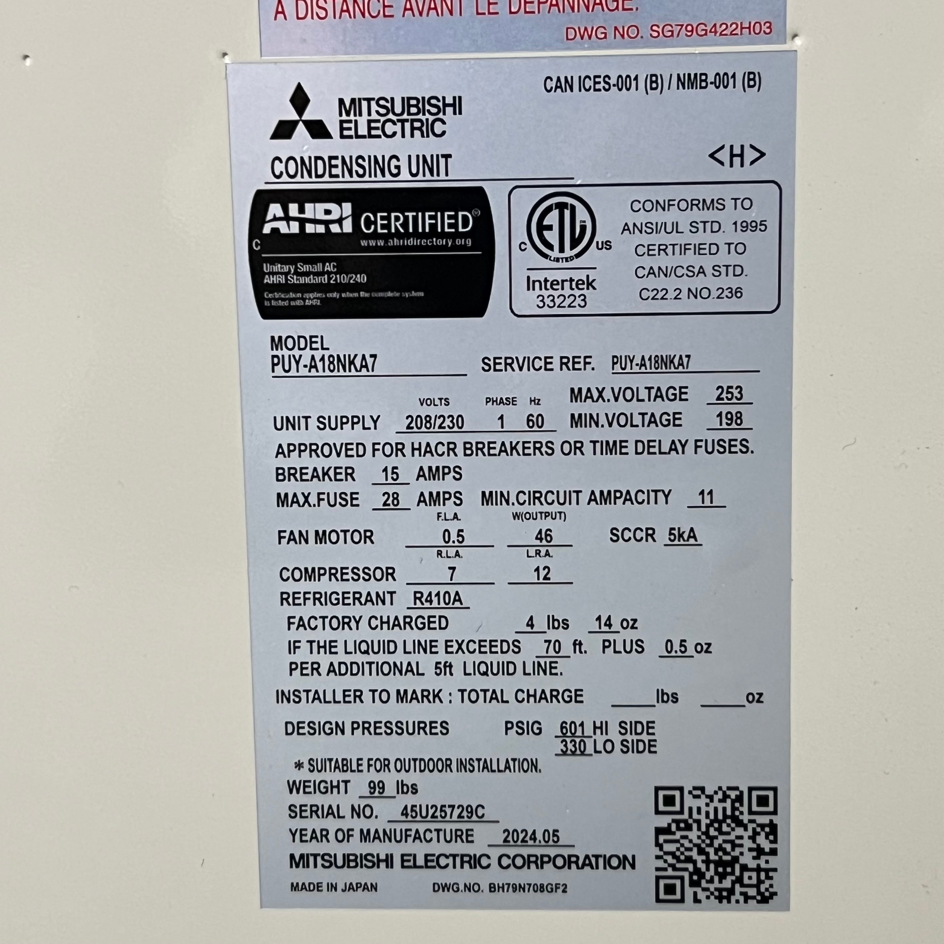 MITSUBISHI ELECTRIC Air Conditioner Sz 32" W x 12" L x 34.5" H PUY-A18NKA7