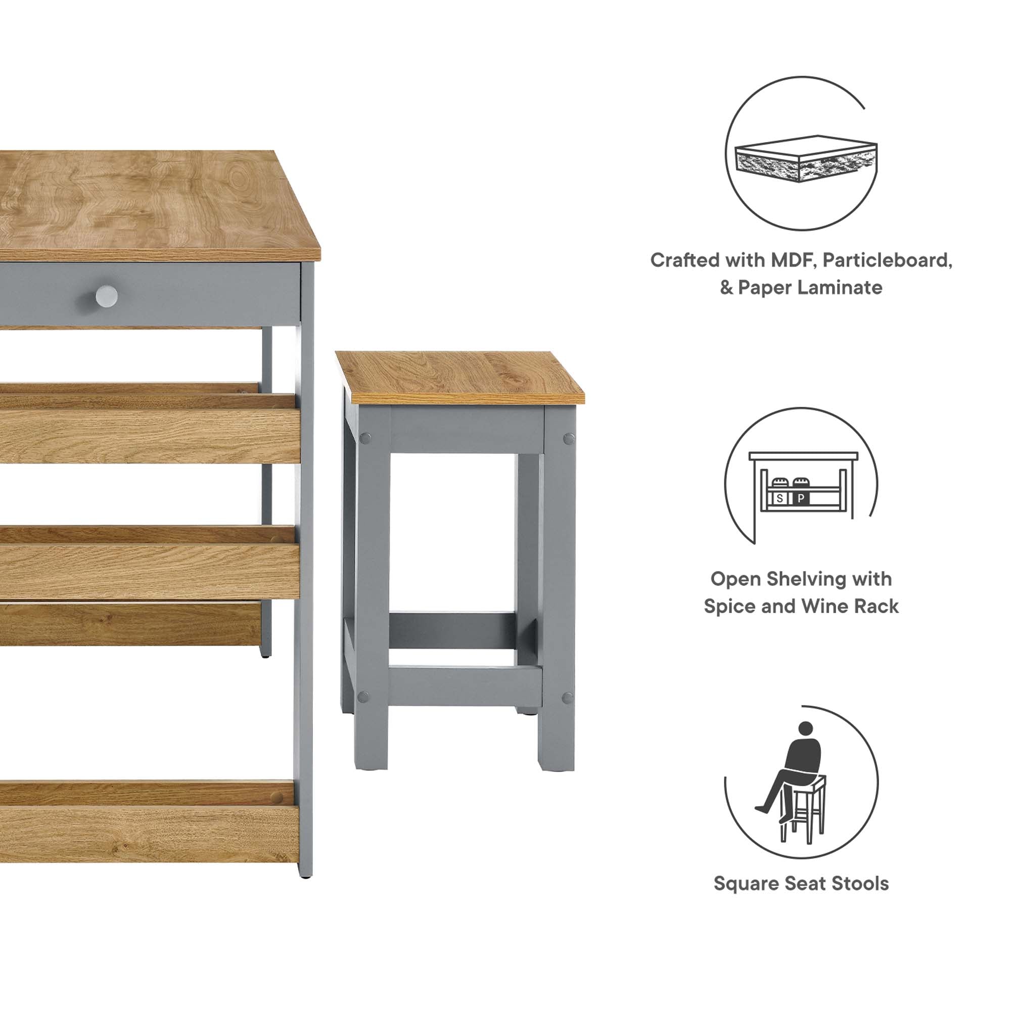 Galley 3-Piece Kitchen Island and Stool Set by Modway