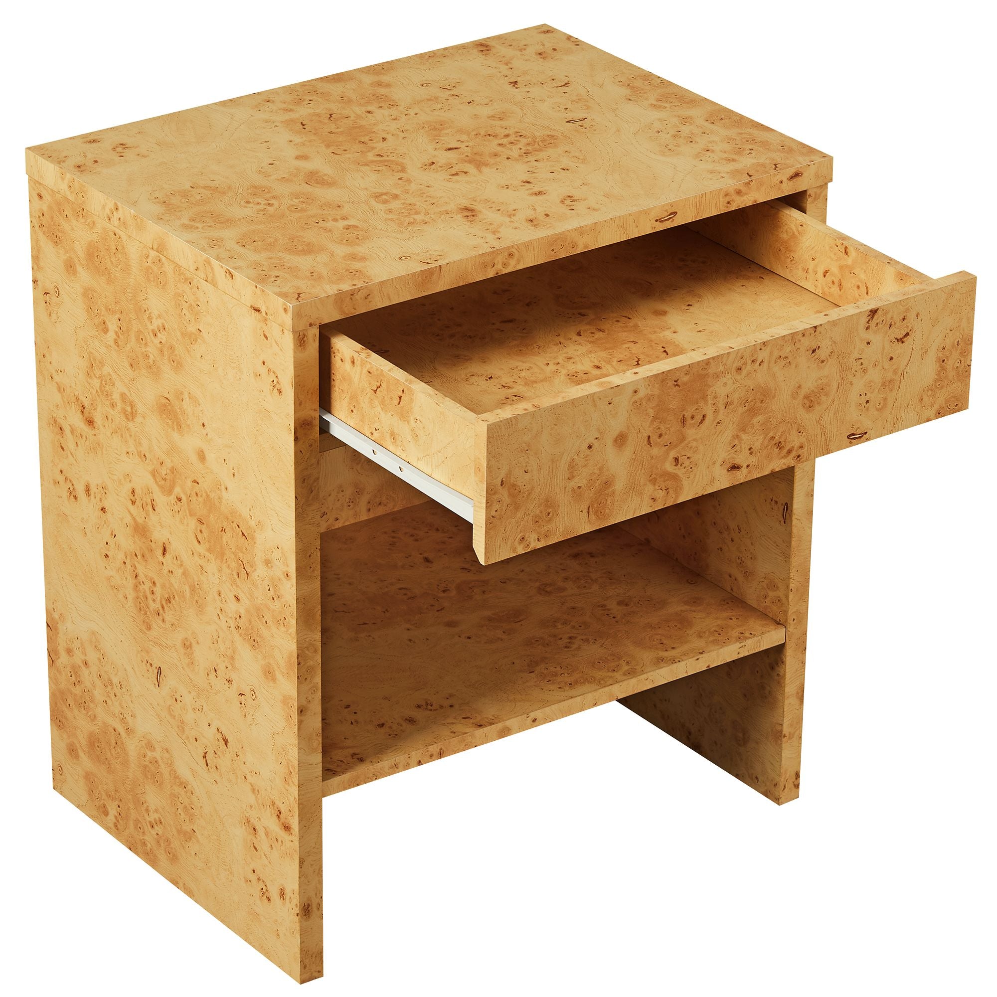 Hudson 1-Drawer Burl Wood Nightstand with Shelf