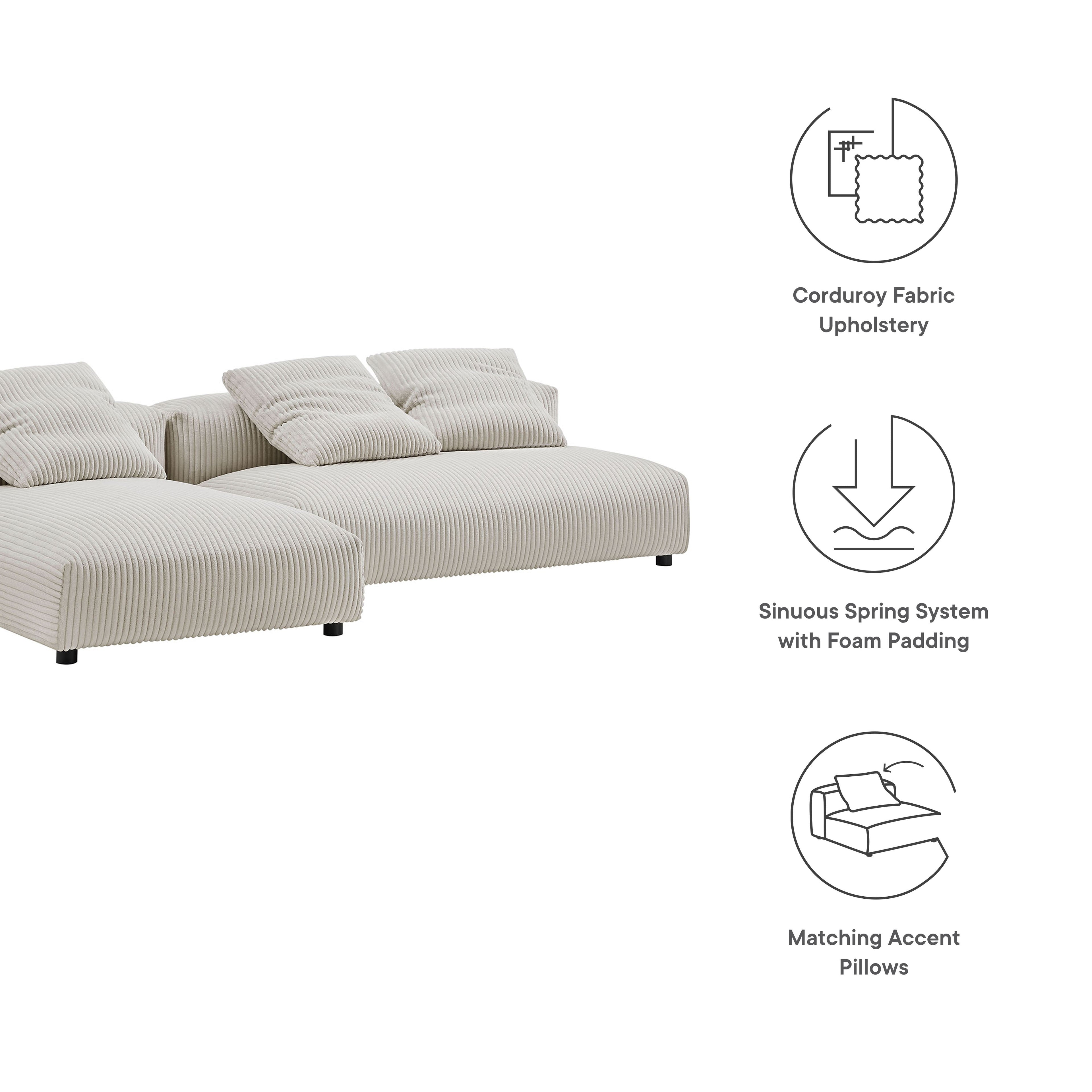 Solace 2-Piece Modular Corduroy Upholstered Sectional Sofa with Chaise