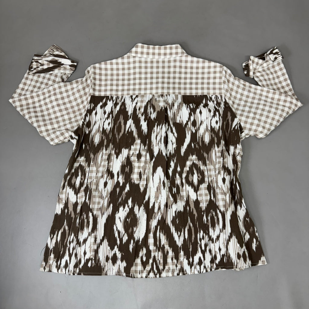 MULTIPLES Button-Up Plaid Shirt w/Cuff Petite Women's Sz PXL Brown/Cream M44506BP