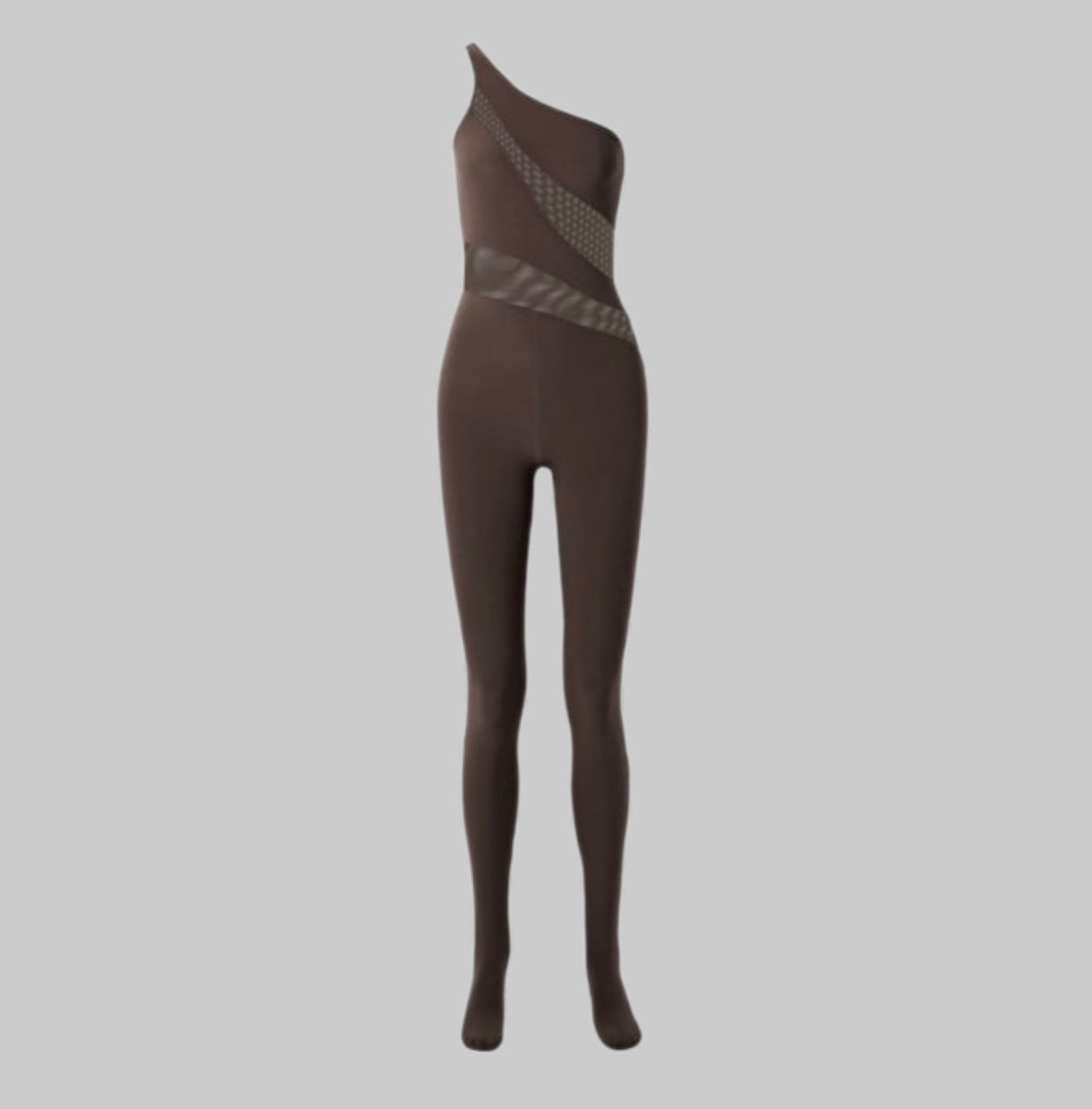 NORMA KAMALI One Shoulder Snake Mesh Catsuit Footsie Women's Sz XS/34 Chocolate