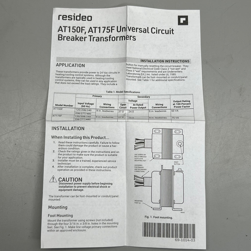 RESIDEO Universal Circuit Breaker Transformers Plate or Panel Mounted 120/208/240 Vac 9 in. AT175F 1023