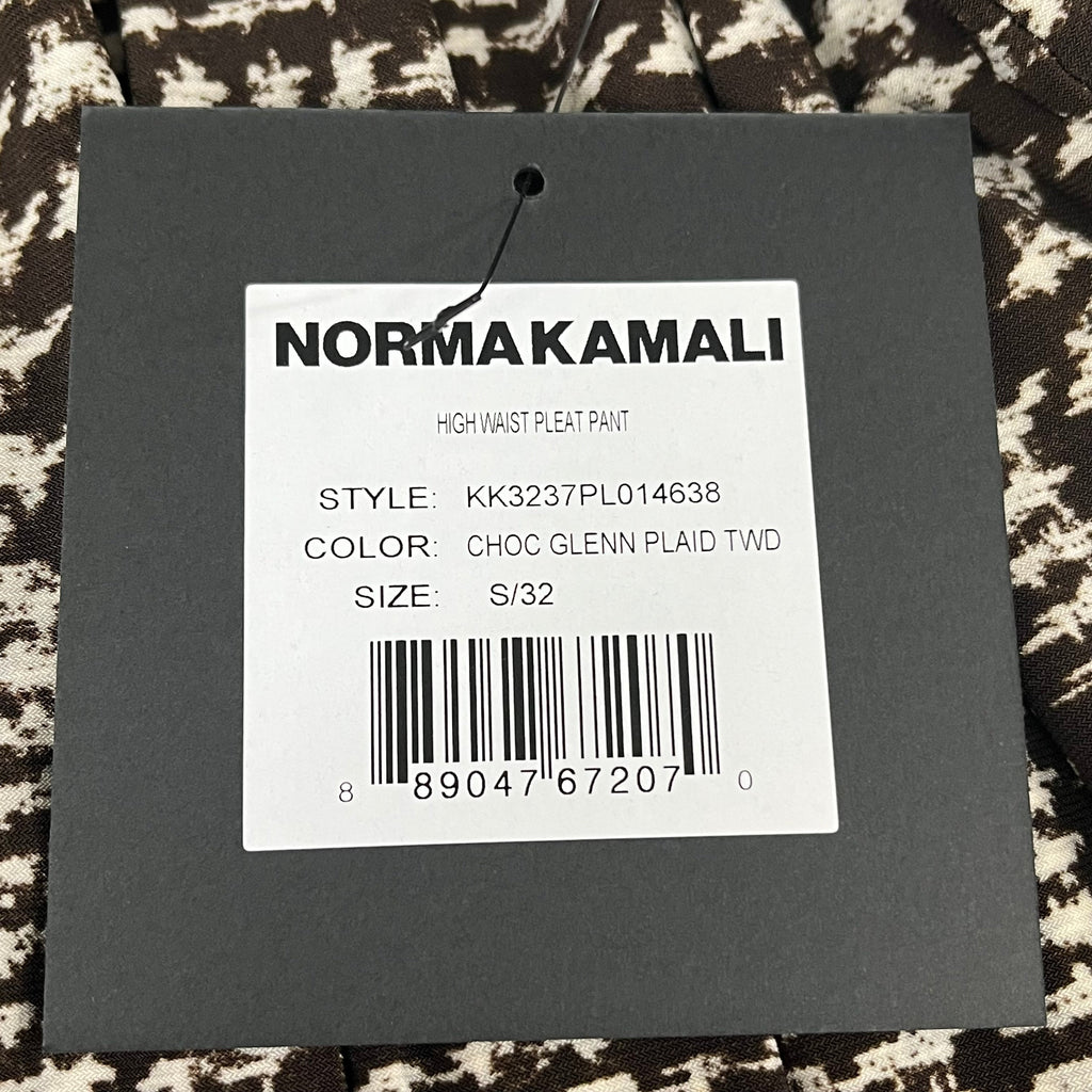 NORMA KAMALI High Waist Pleat Pant Women's Sz S/32 Chocolate Glenn Plaid Tweed