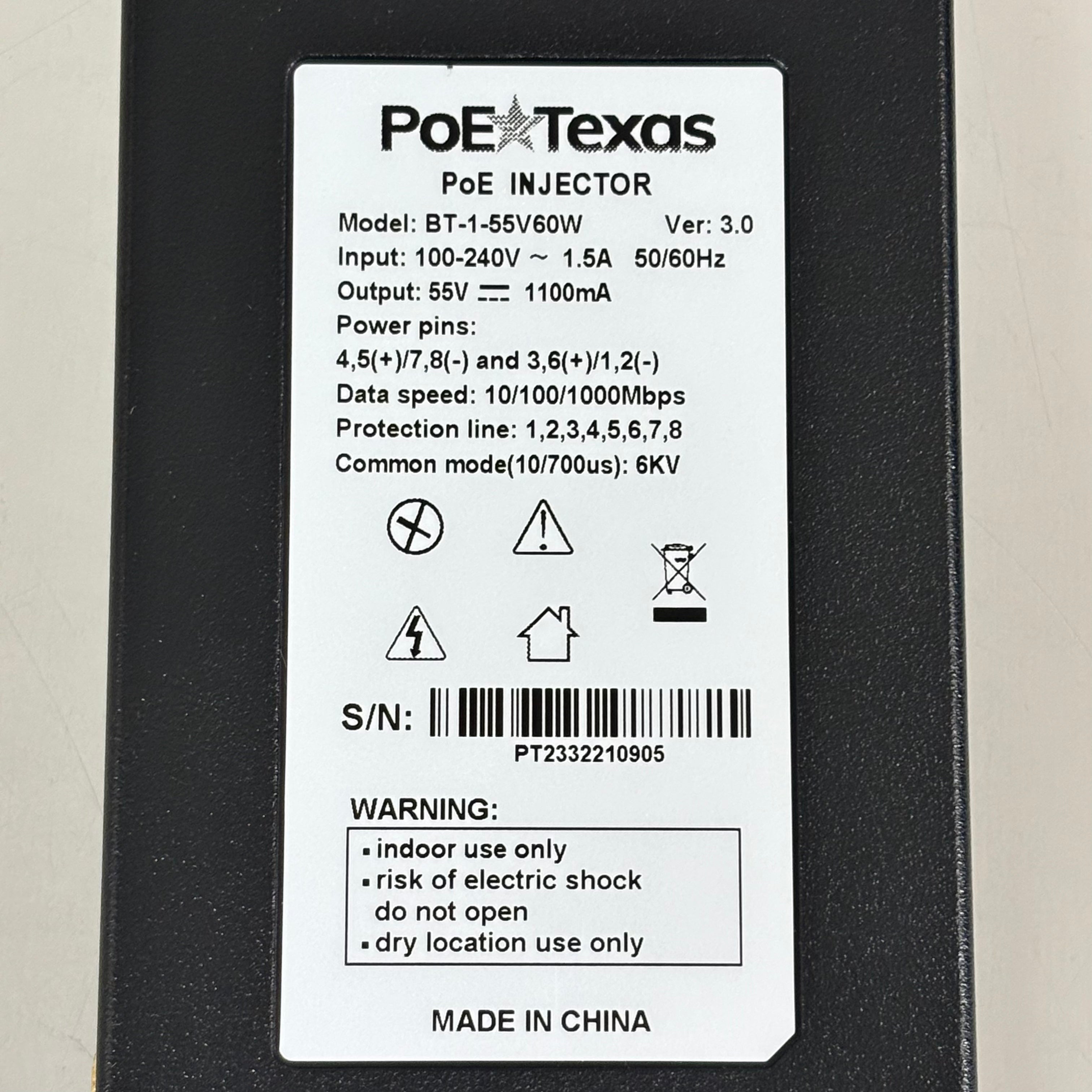 POE TEXAS Dual Signature Injector Output W/ Surge Protection 55V 60W Output Black BT-1-55V60W