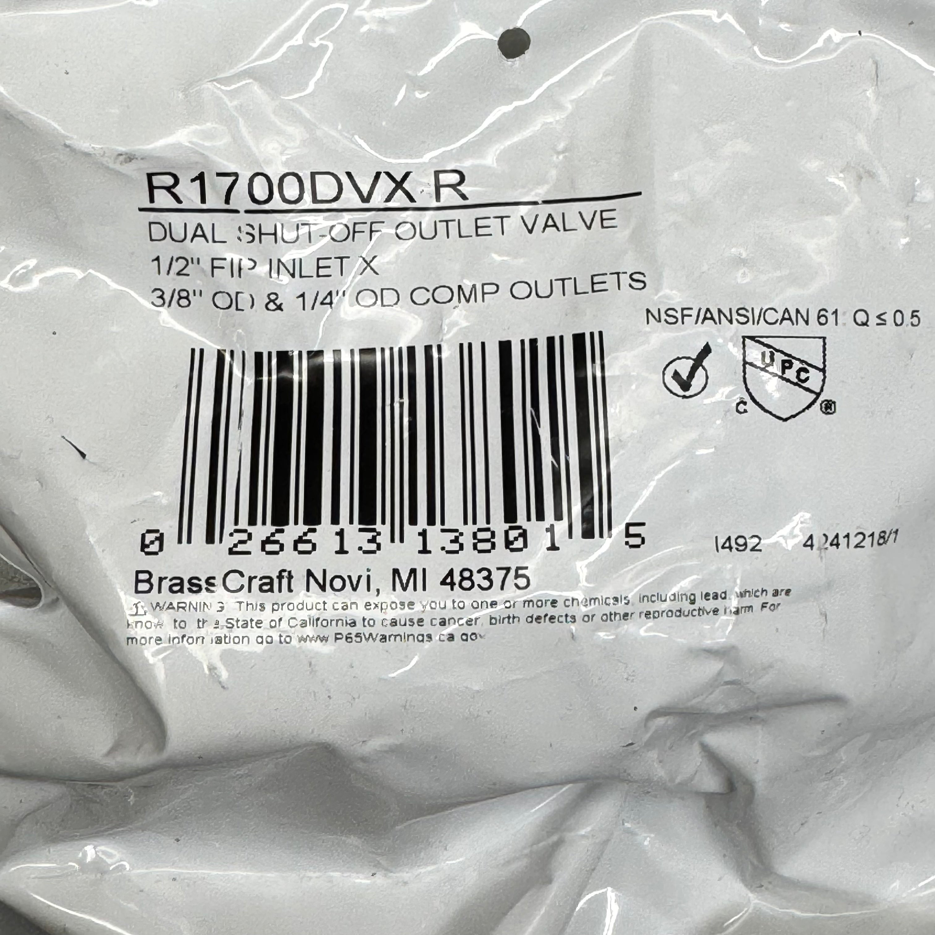 BRASSCRAFT Dual Shut-off Outlet Valve 1/2" FIP INLET X 3/8" OD & 1/4" OD COMP OUTLETS Gold R1700DVX R