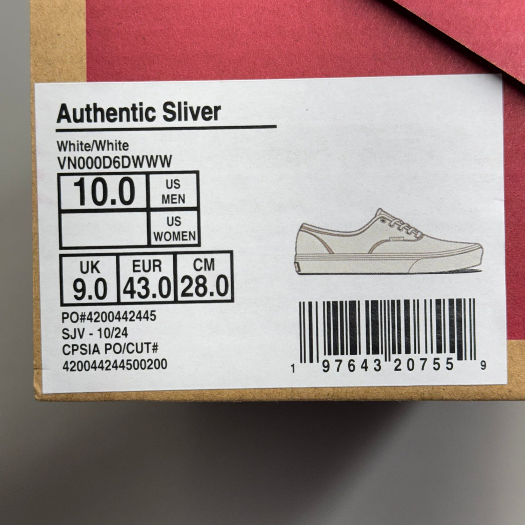 VANS Authentic Sliver Sneakers Shoes Mens's Sz 10.5 White/White VN000D6DWWW