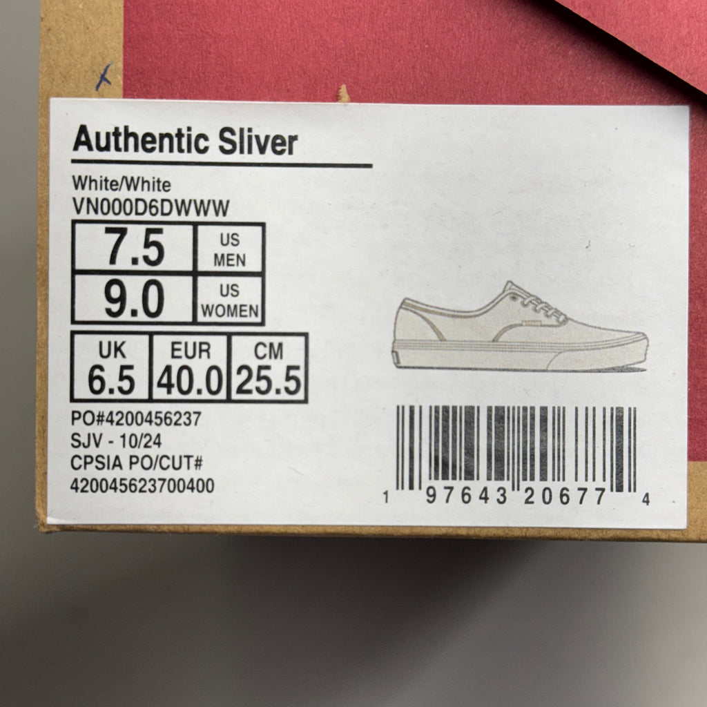 VANS Authentic Sliver Sneakers Shoes Women's Sz 9 White/White VN000D6DWWW