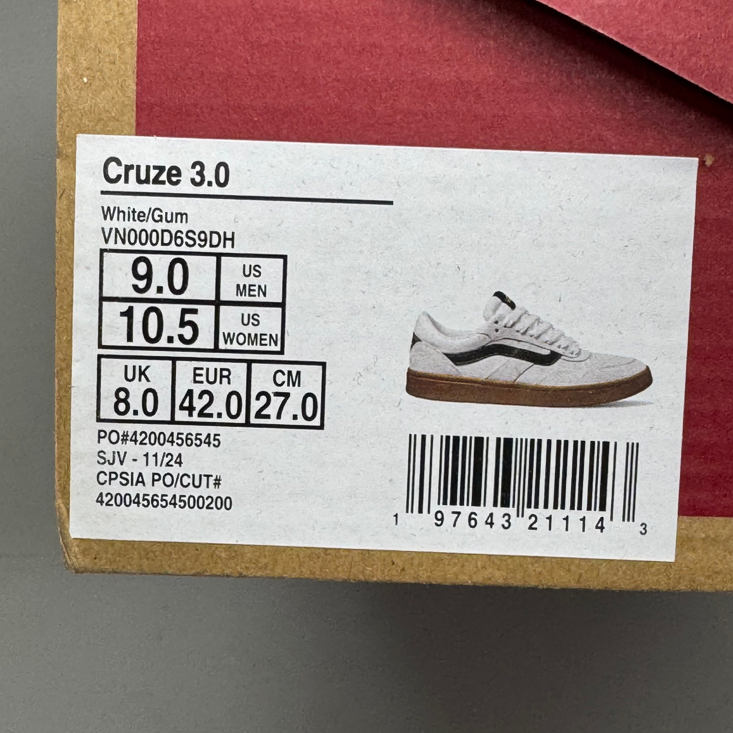 VANS Cruze 3.0 Sneakers Sz Men's 9.0 Women's 10.5 White/Gum VN000D6S9DH