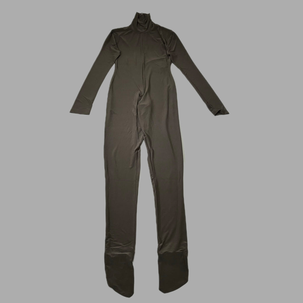 NORMA KAMALI Slim Fit Turtleneck Catsuit w/ Footsie Women's Sz XS/34 Chocolate