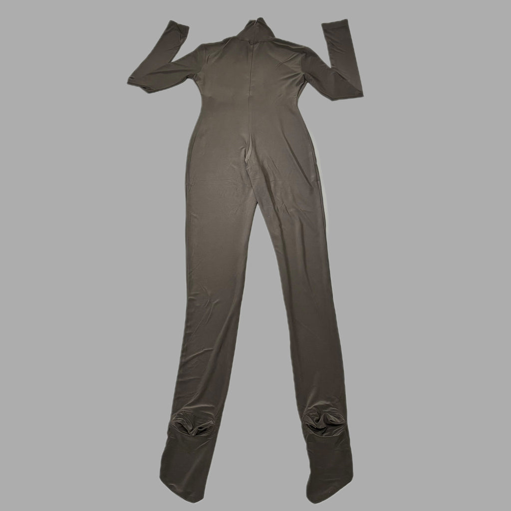 NORMA KAMALI Slim Fit Turtleneck Catsuit w/ Footsie Women's Sz S/36 Chocolate