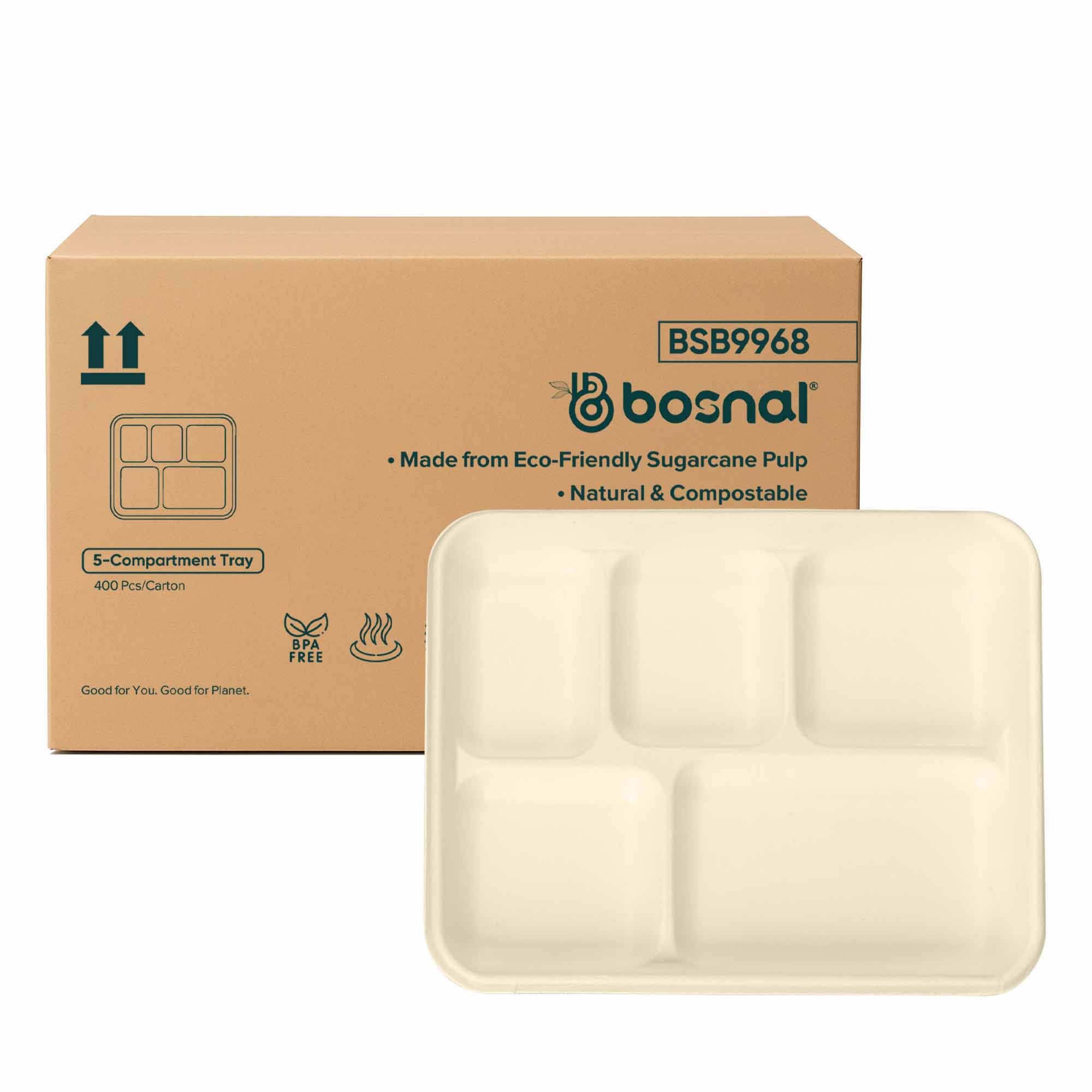 5 Compartment Compostable Trays, 400 Pcs, 100% Sugarcane Bagasse, Eco-Friendly Meal Trays, Microwave Safe, BPA-Free, Sturdy