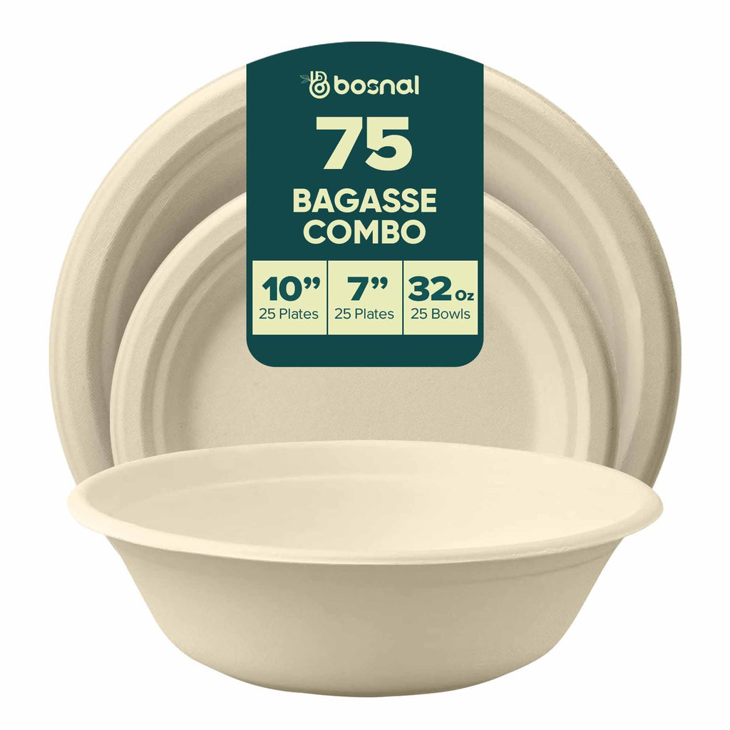10 Inch & 7 Inch Round Plates with 32 oz Bowls, 100% Plant-Based Sugarcane Bagasse, Compostable, Microwave Safe Dinnerware