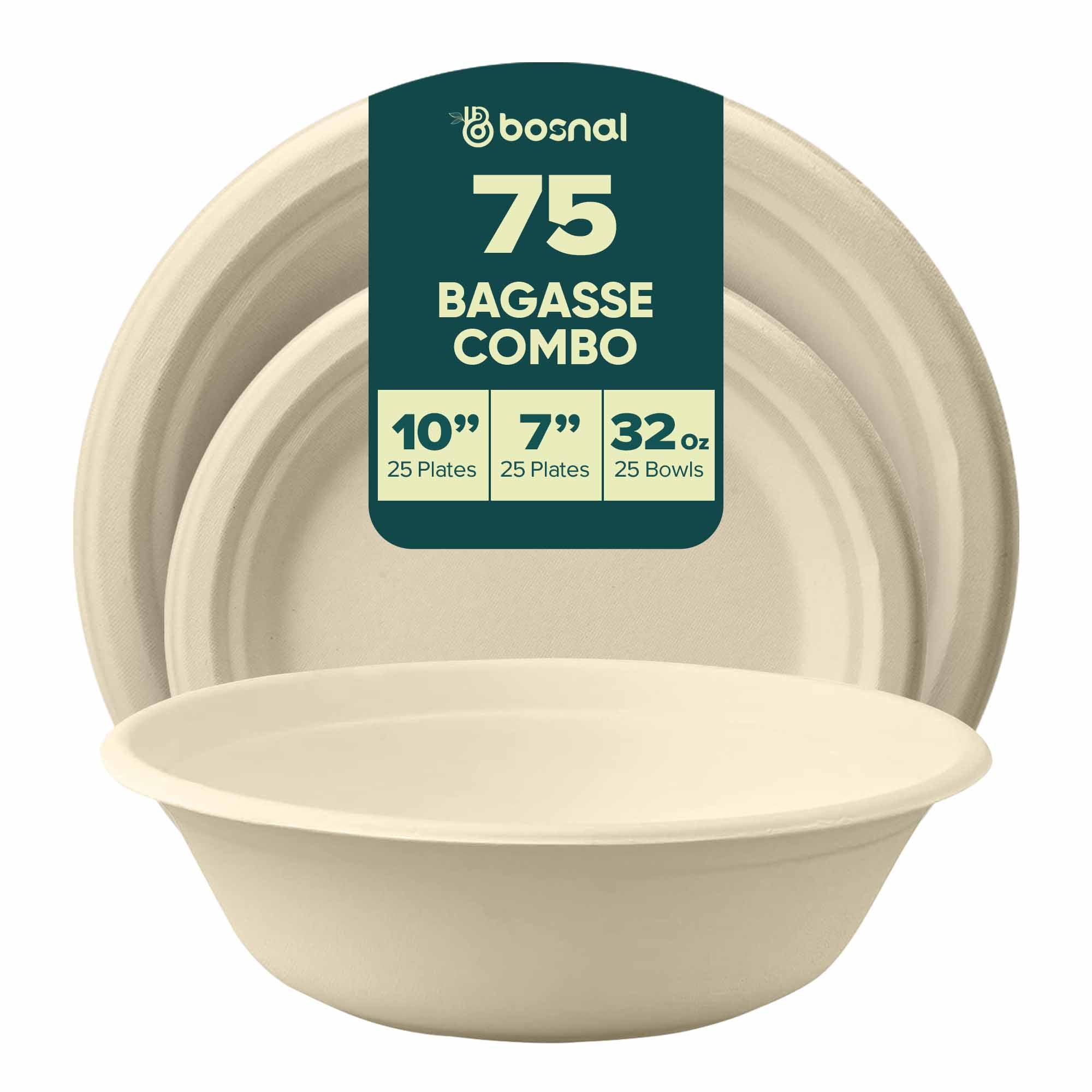 10 Inch & 7 Inch Round Plates with 32 oz Bowls, 100% Plant-Based Sugarcane Bagasse, Compostable, Microwave Safe Dinnerware