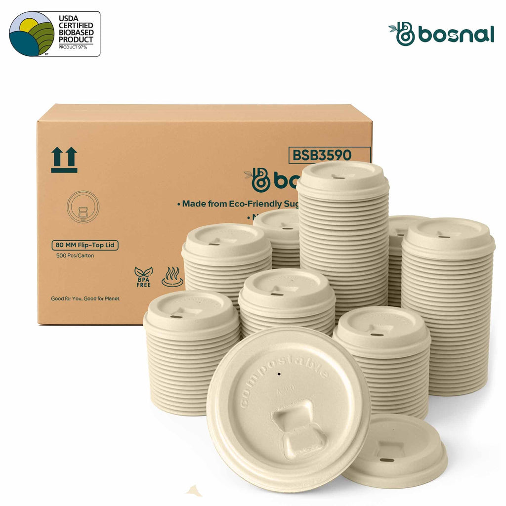 8 oz Cup Compostable Lids 500 Pcs, 100% Sugarcane Bagasse, Eco-Friendly, Plastic-Free, Secure Fit for Hot & Cold Drinks